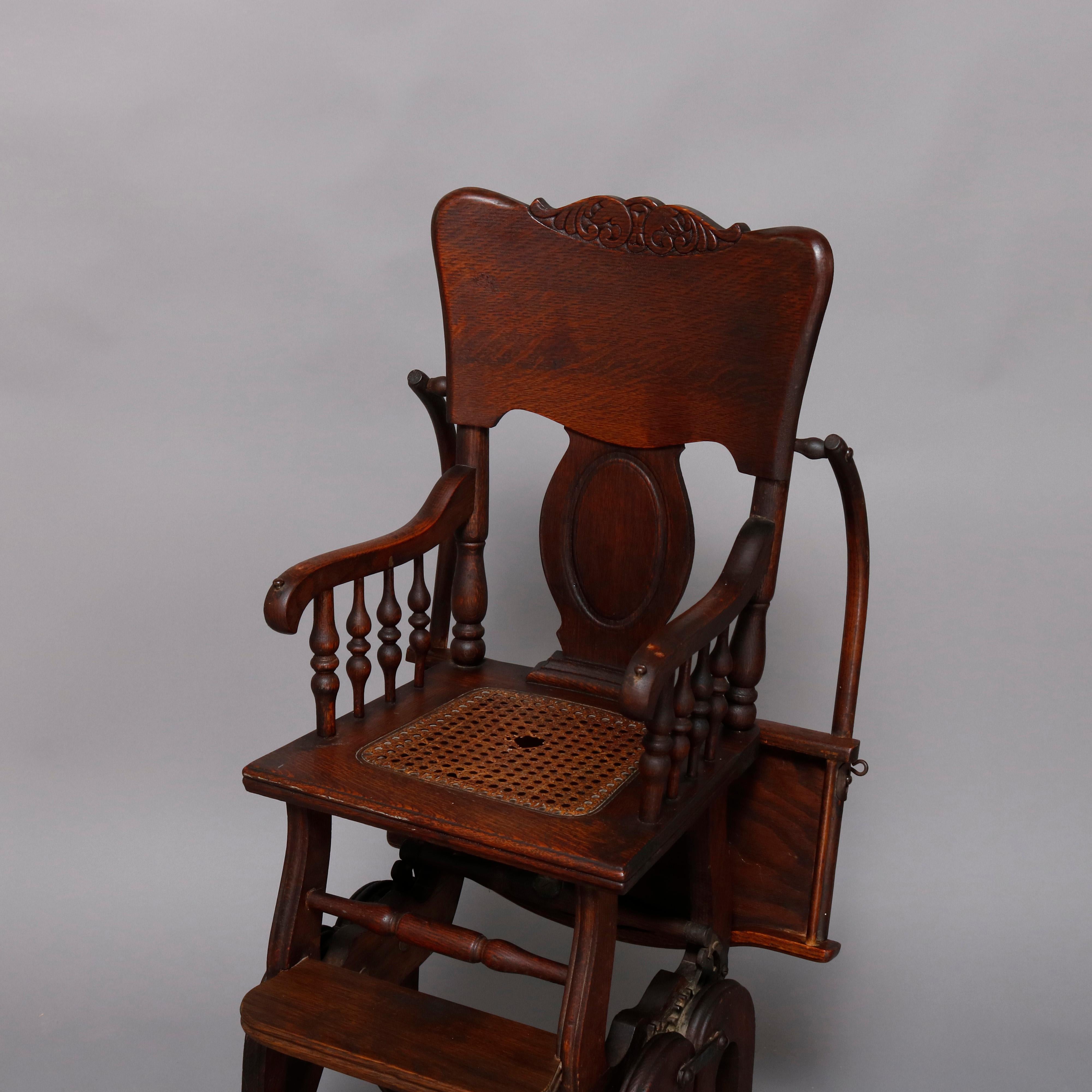 American Antique Oak Pressed Carved Adjustable Conversion High Chair Rocker, circa 1910