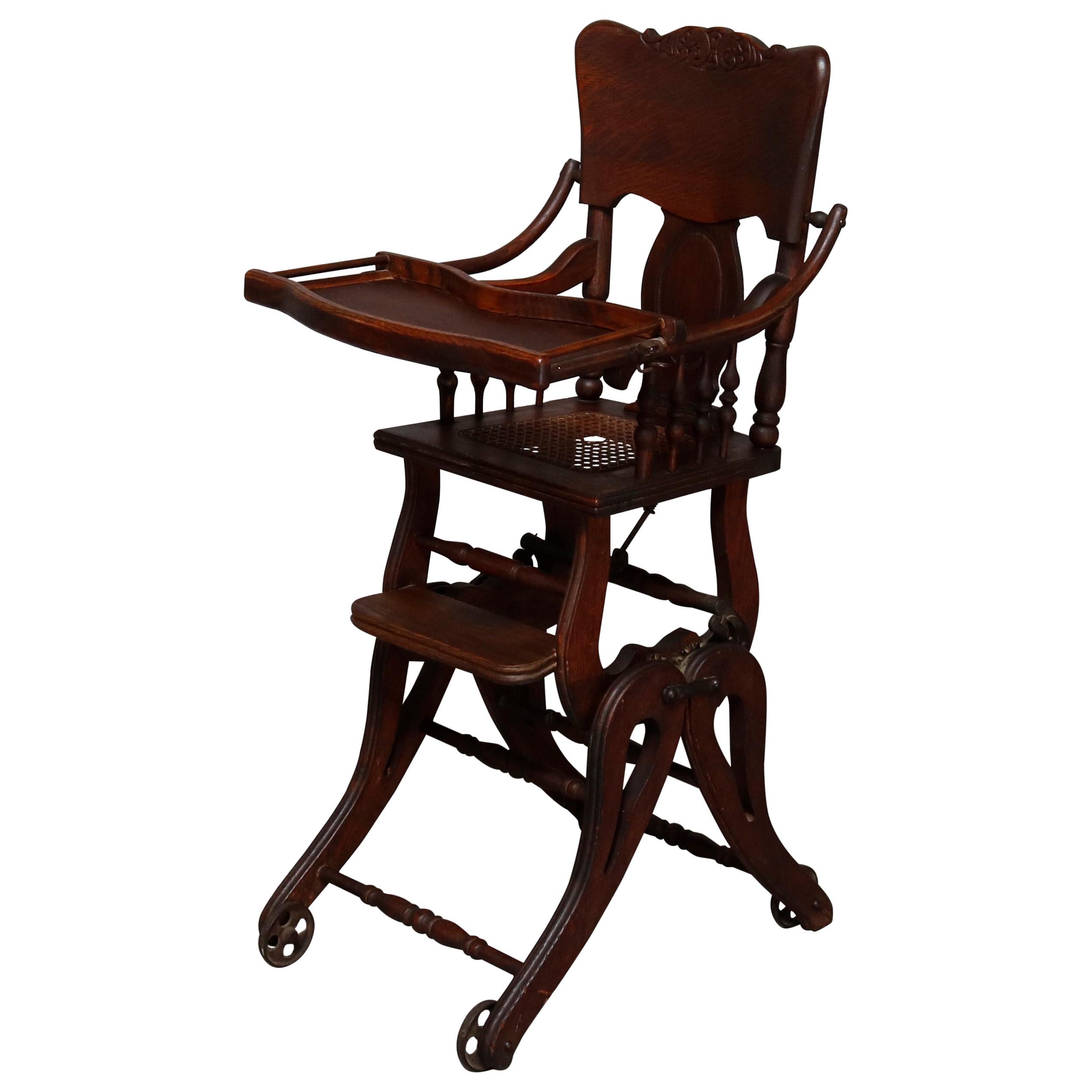 Antique Oak Pressed Carved Adjustable Conversion High Chair Rocker, circa 1910