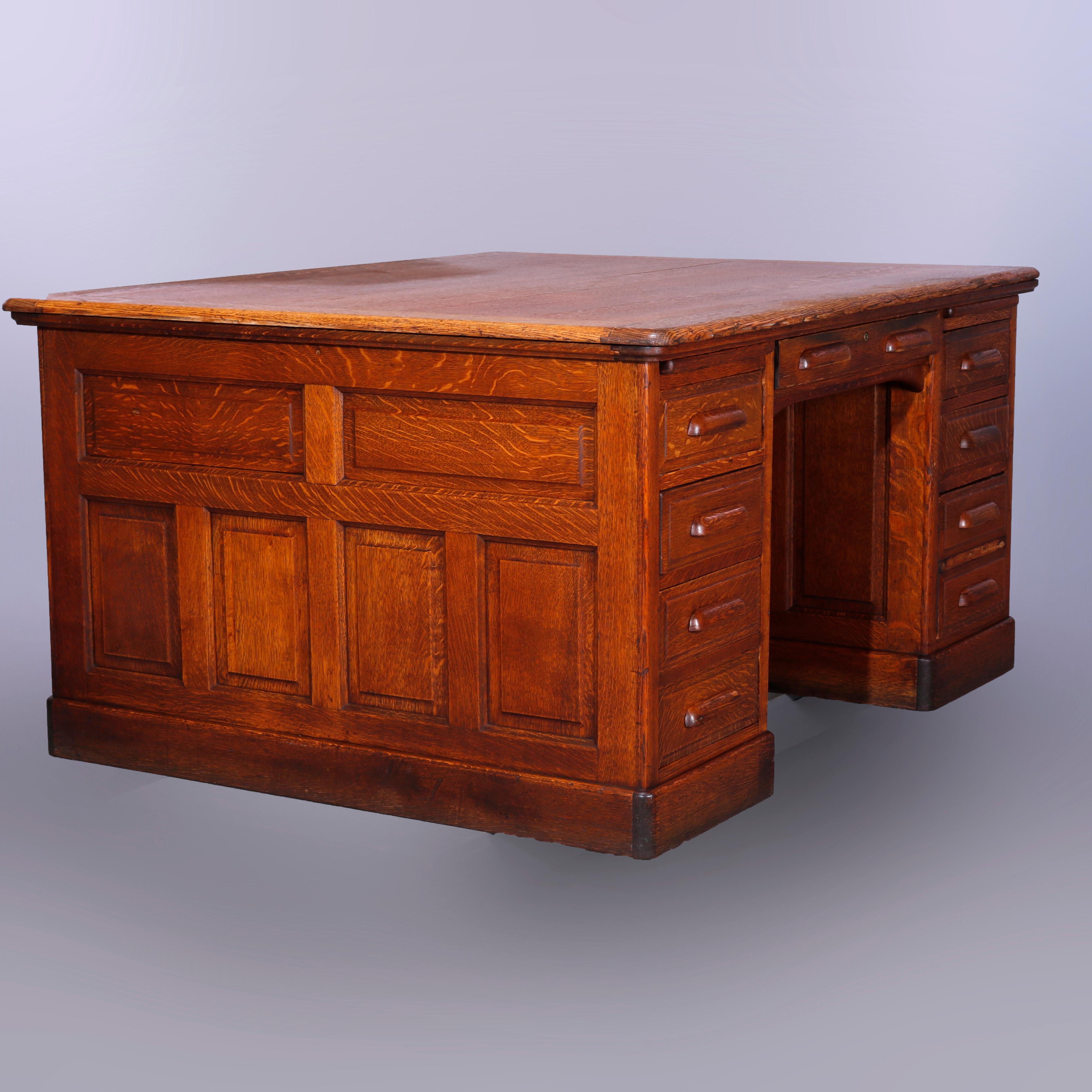 Antique Oak Raised Panel Partners Desk, Circa 1900 11