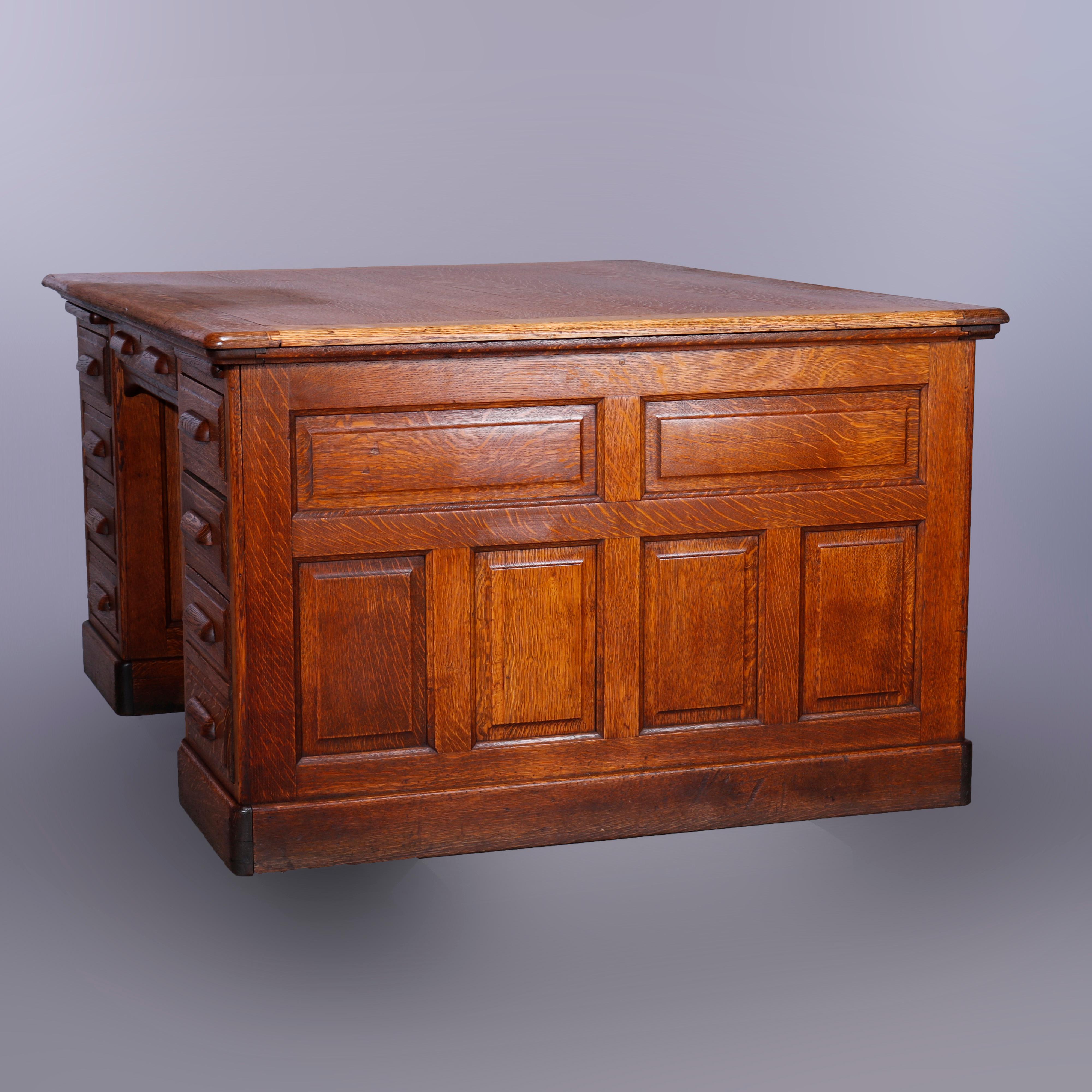 Antique Oak Raised Panel Partners Desk, Circa 1900 12