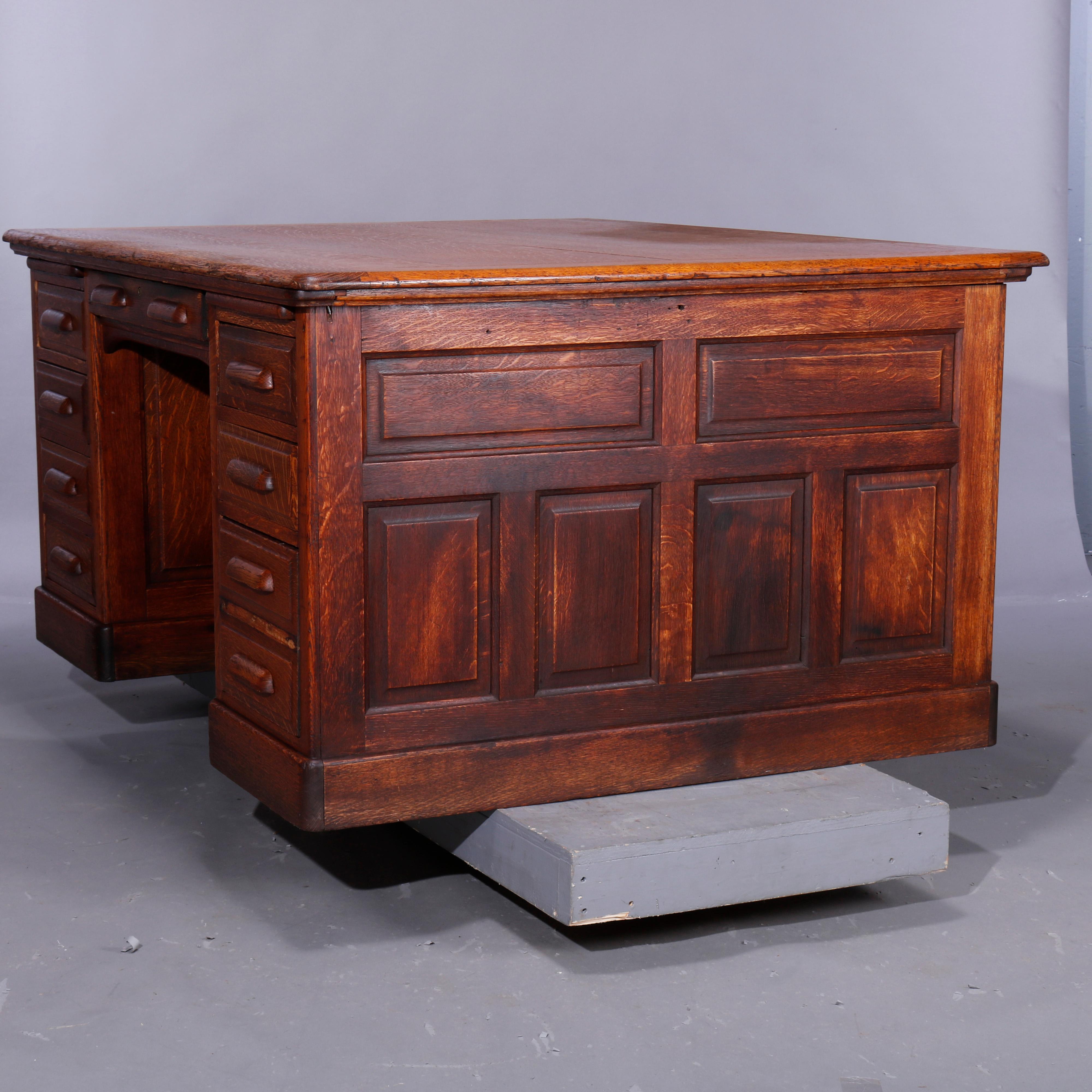 Antique Oak Raised Panel Partners Desk, Circa 1900 13