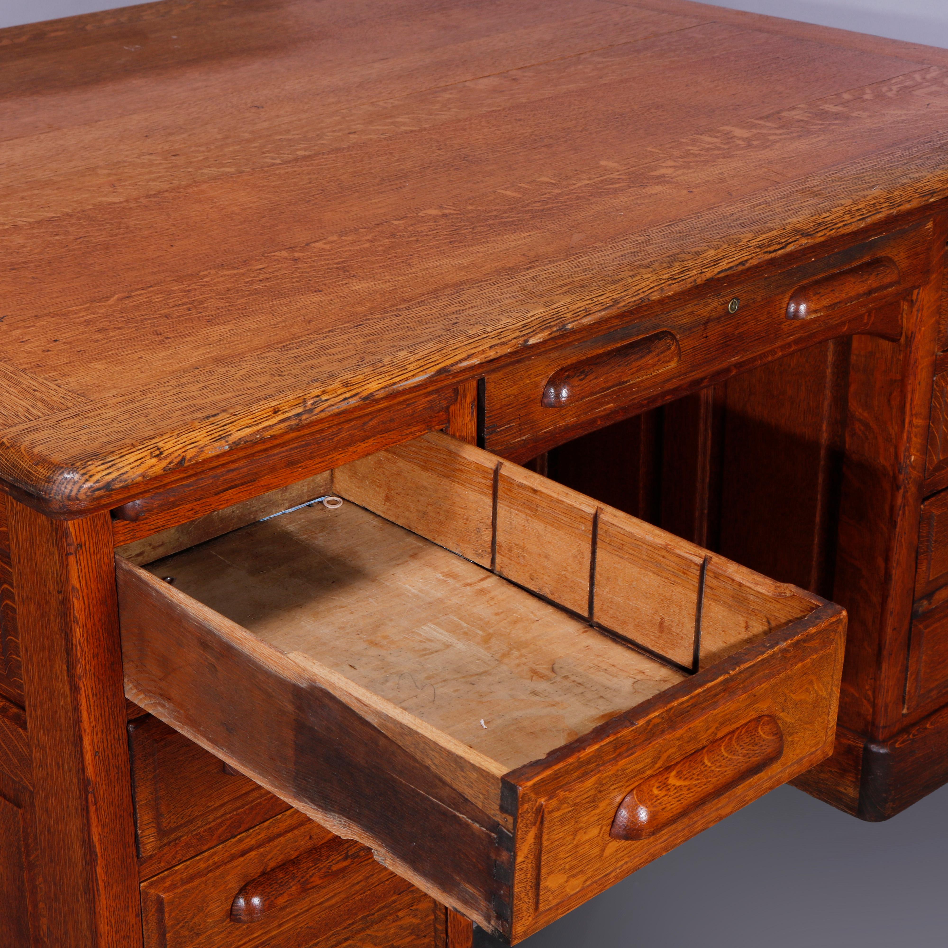American Antique Oak Raised Panel Partners Desk, Circa 1900