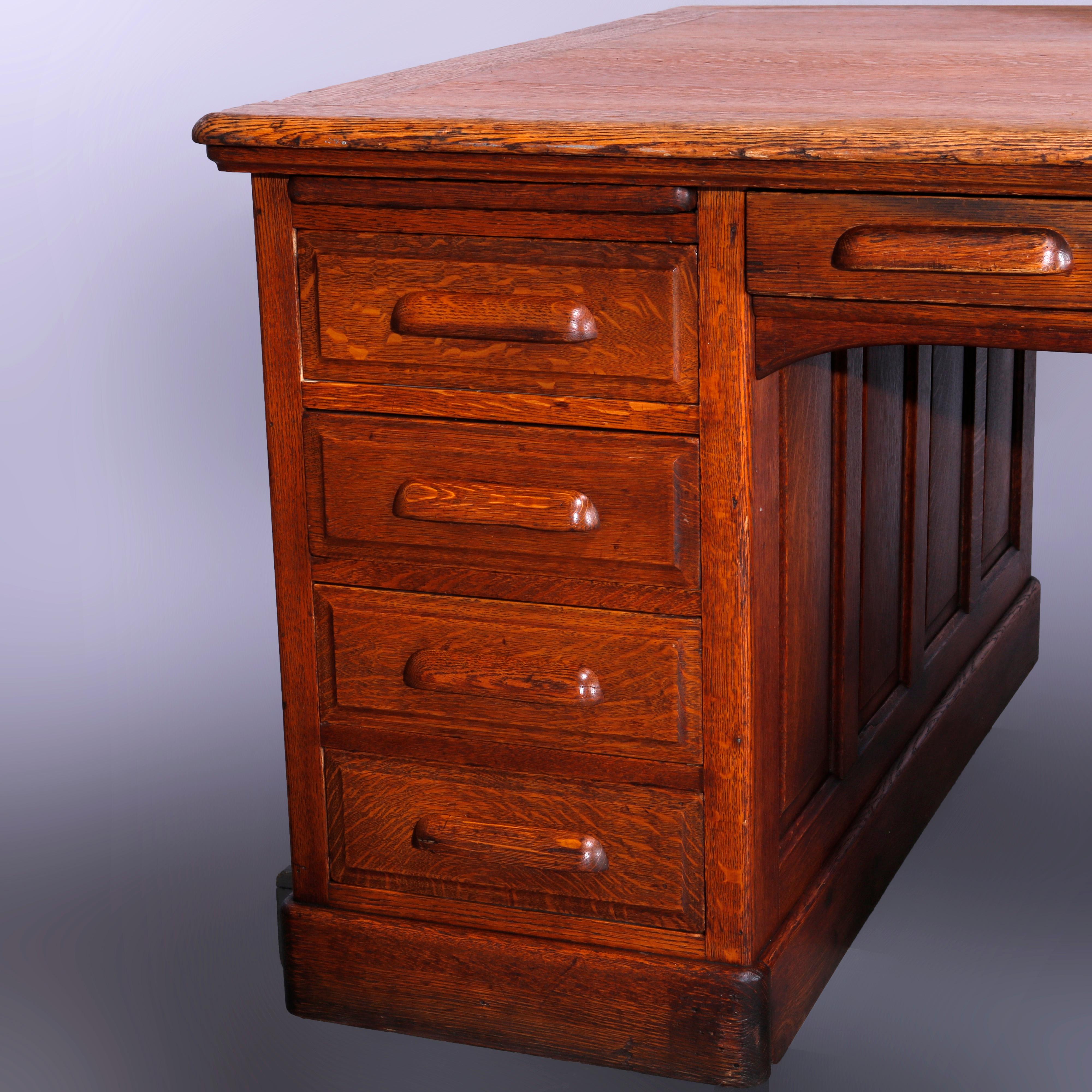 20th Century Antique Oak Raised Panel Partners Desk, Circa 1900