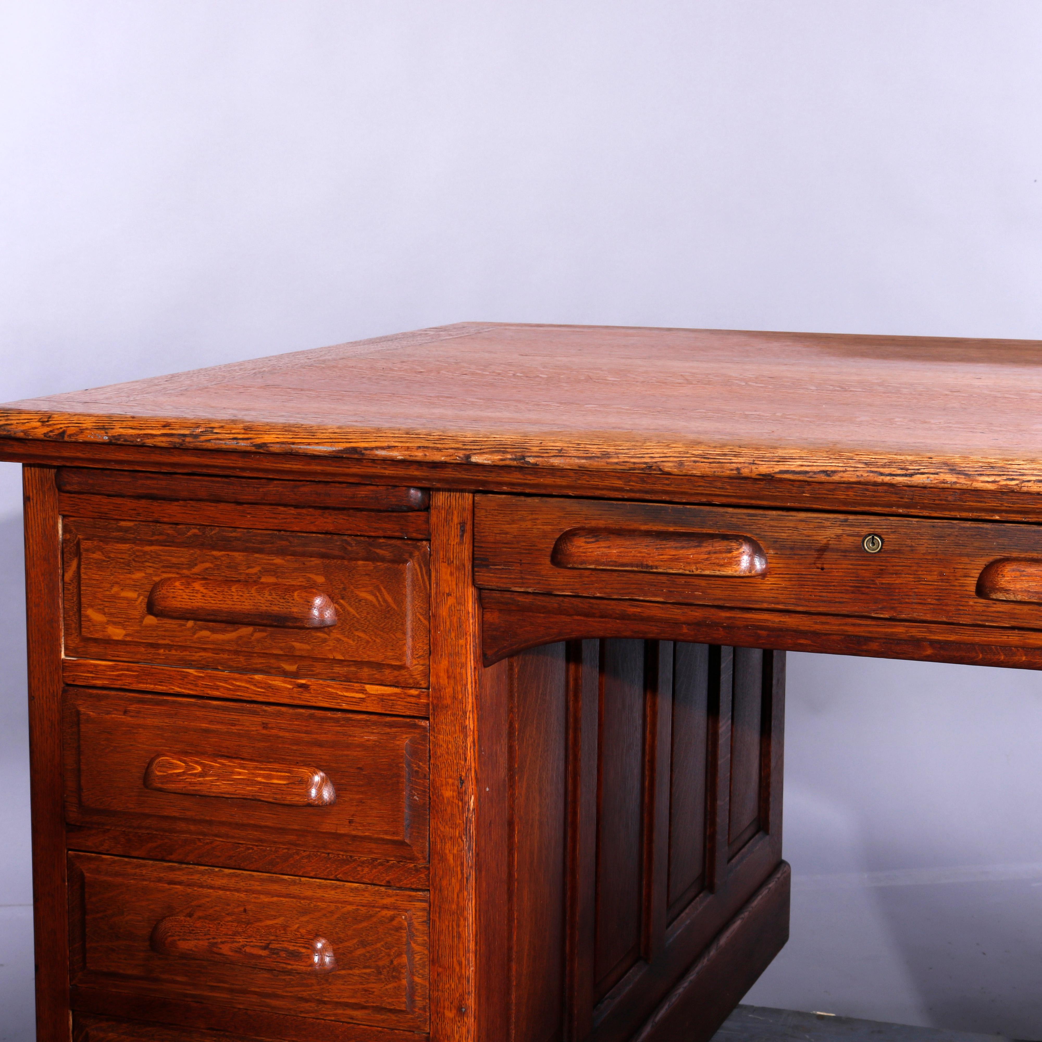 Antique Oak Raised Panel Partners Desk, Circa 1900 1