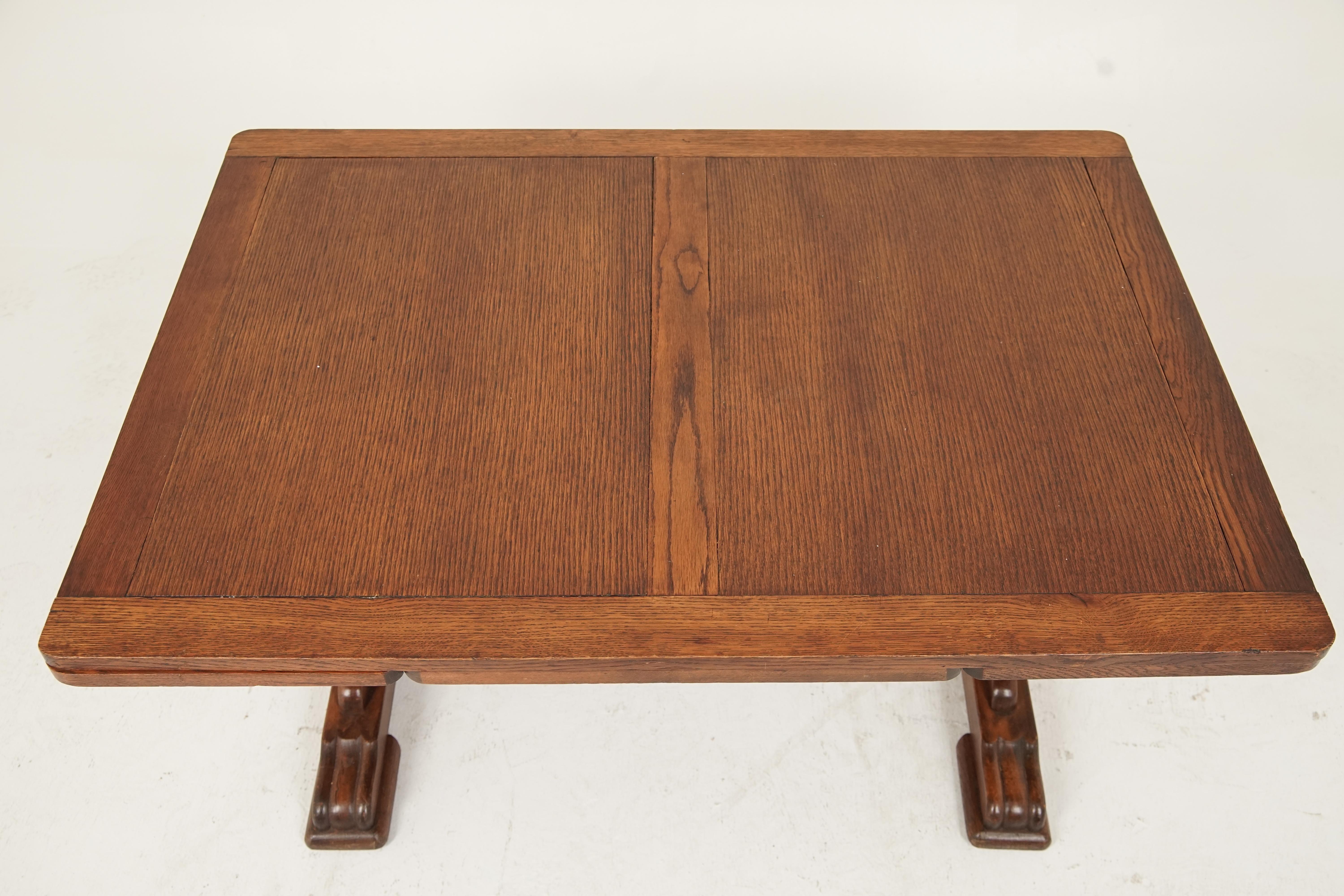 Antique Oak reduced refectory coffee table, Scotland 1930, B2734

Scotland 1930
Solid Oak and veneer
Original Finish
Rectangular top
Pair of pull out leaves on the ends
Standing on a pair of square columns
United by carved base
This table