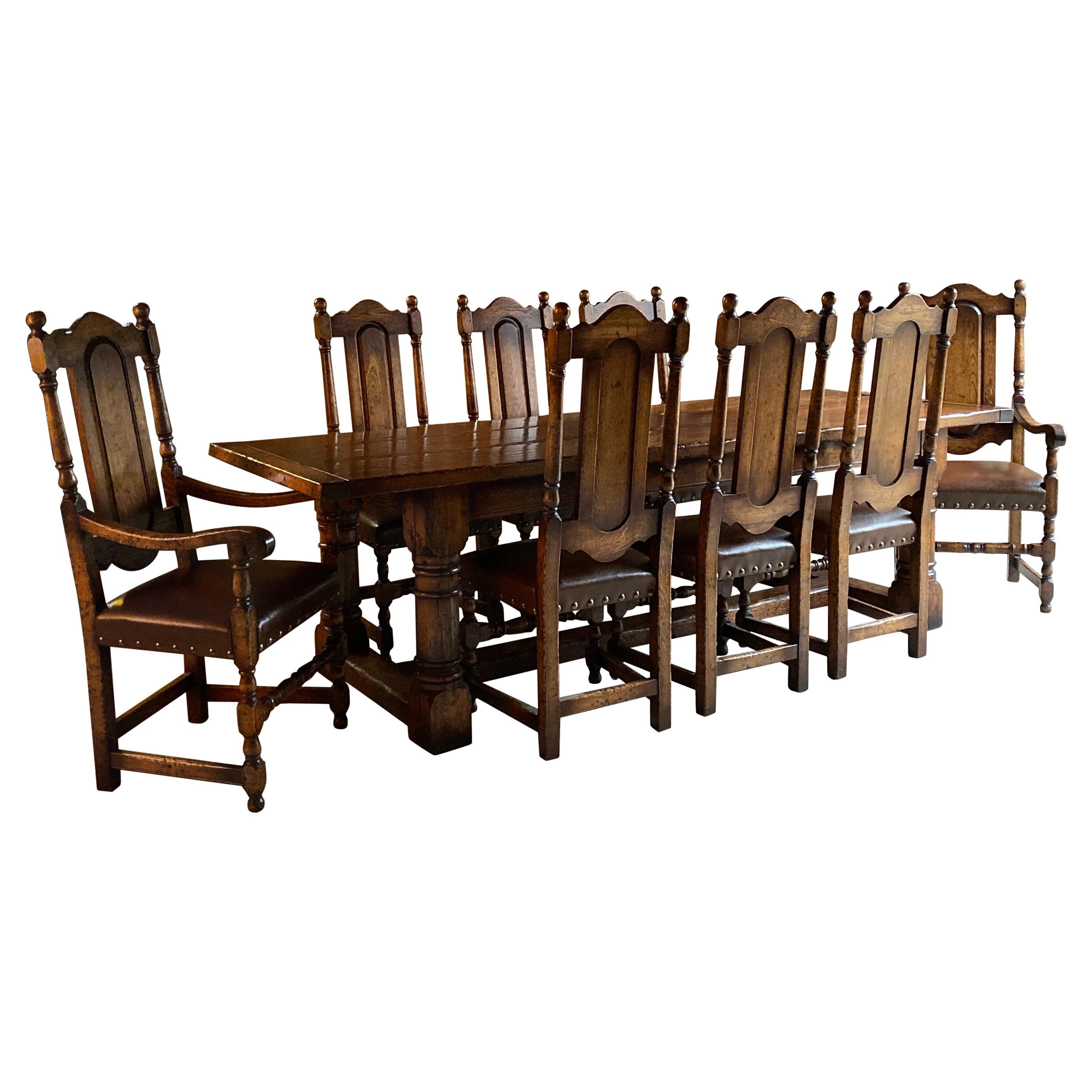 Antique Oak Refectory Dining Table and Eight Chairs 19th Century, circa 1890