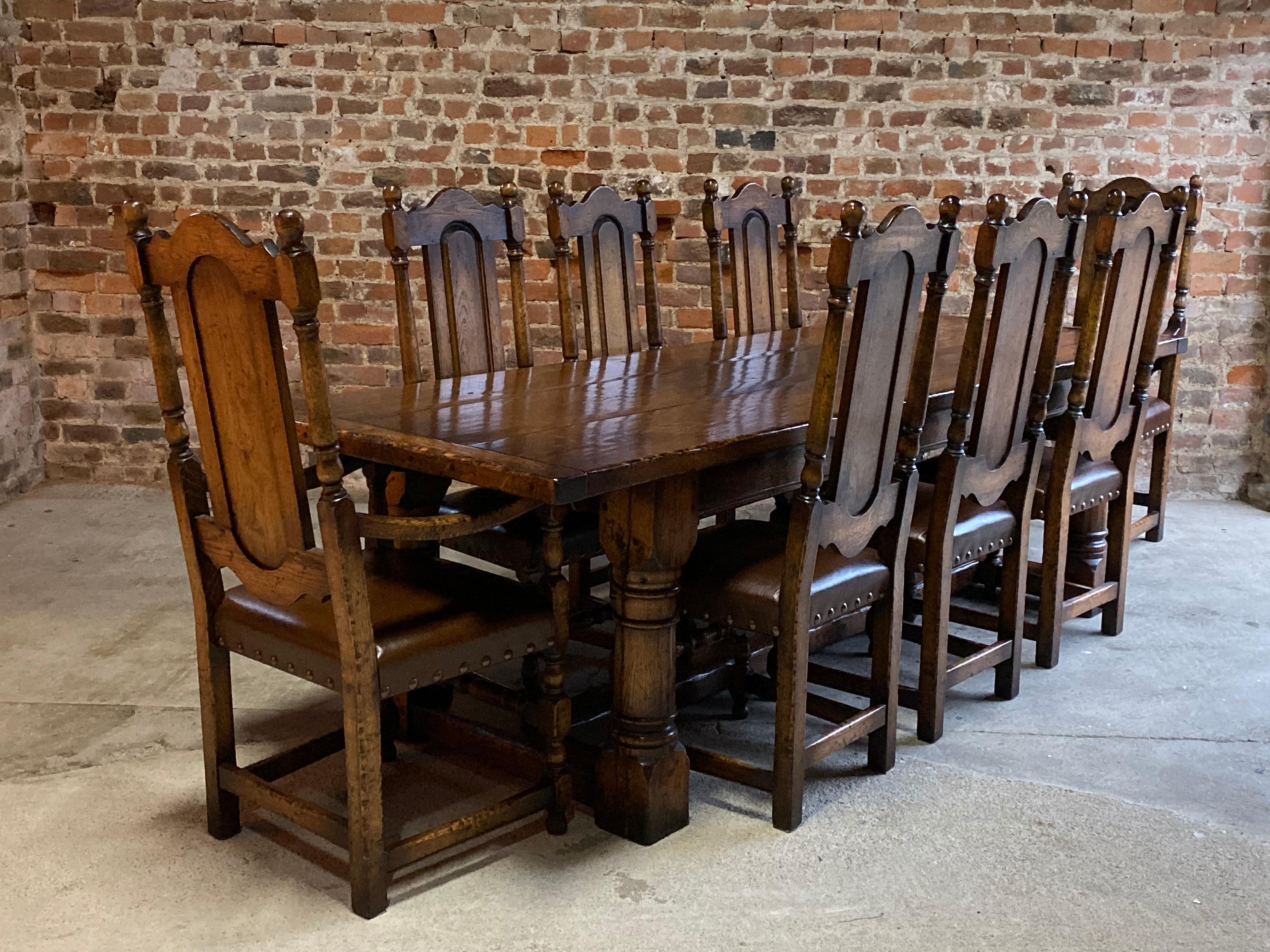 British Antique Oak Refectory Dining Table and Eight Chairs 19th Century, circa 1890