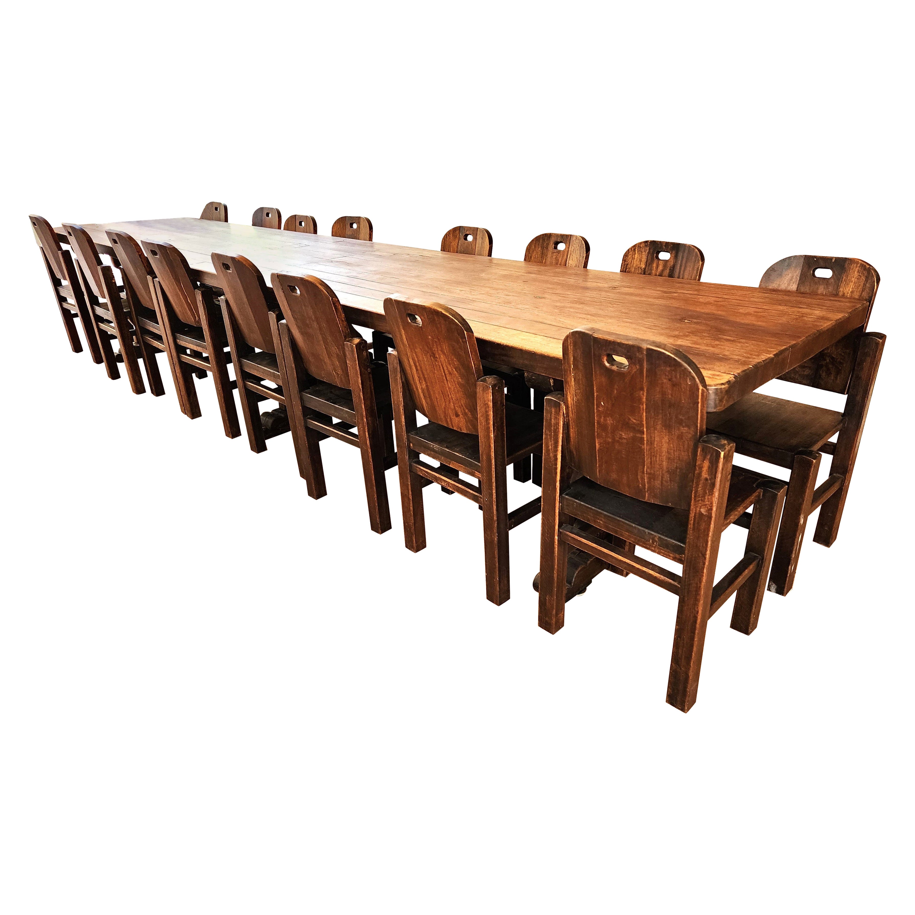 Antique Oak Refectory Dining Table with 16 Matching Chairs 16 foot Early 1900s For Sale