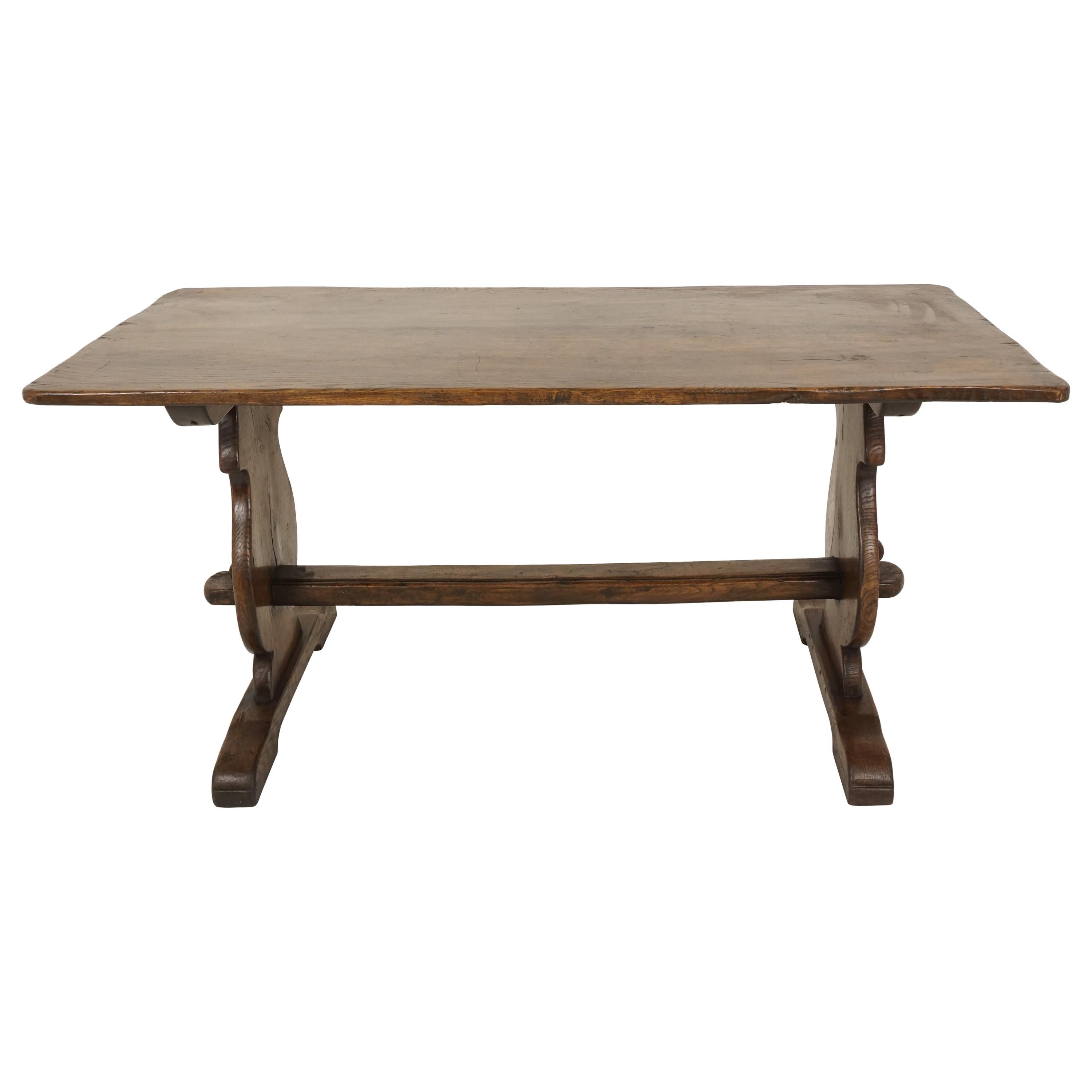 Antique Oak Refectory Farmhouse Dining Table Trestle Ends, Scotland 1920, B2420