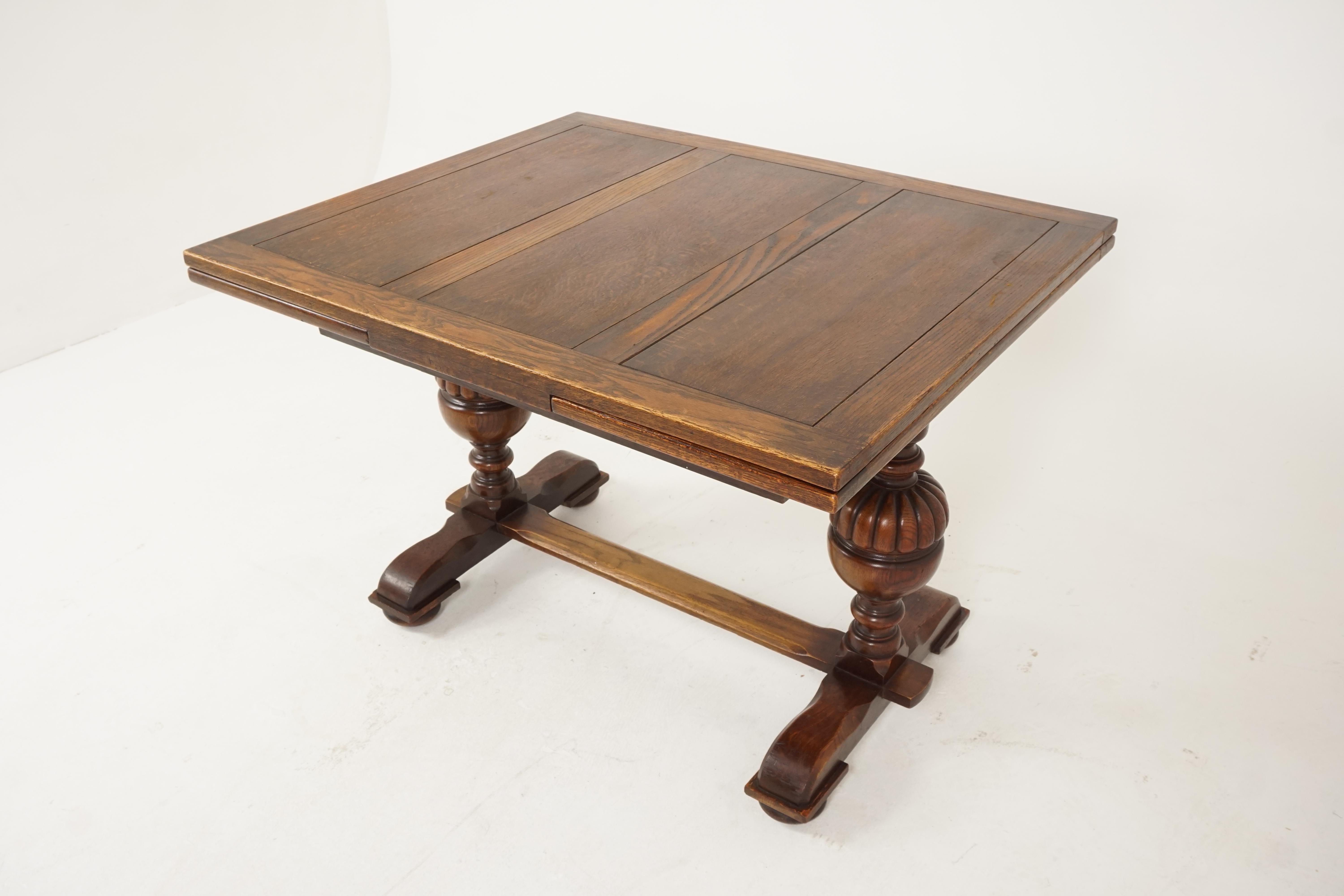 Antique oak refectory table, draw leaf, Scotland 1930, B2416

Scotland 1930
Solid oak and veneer
Original finish
Paneled oak top
Pair of hidden leaves underneath
Leaves pull out to extend each end of the table by 15