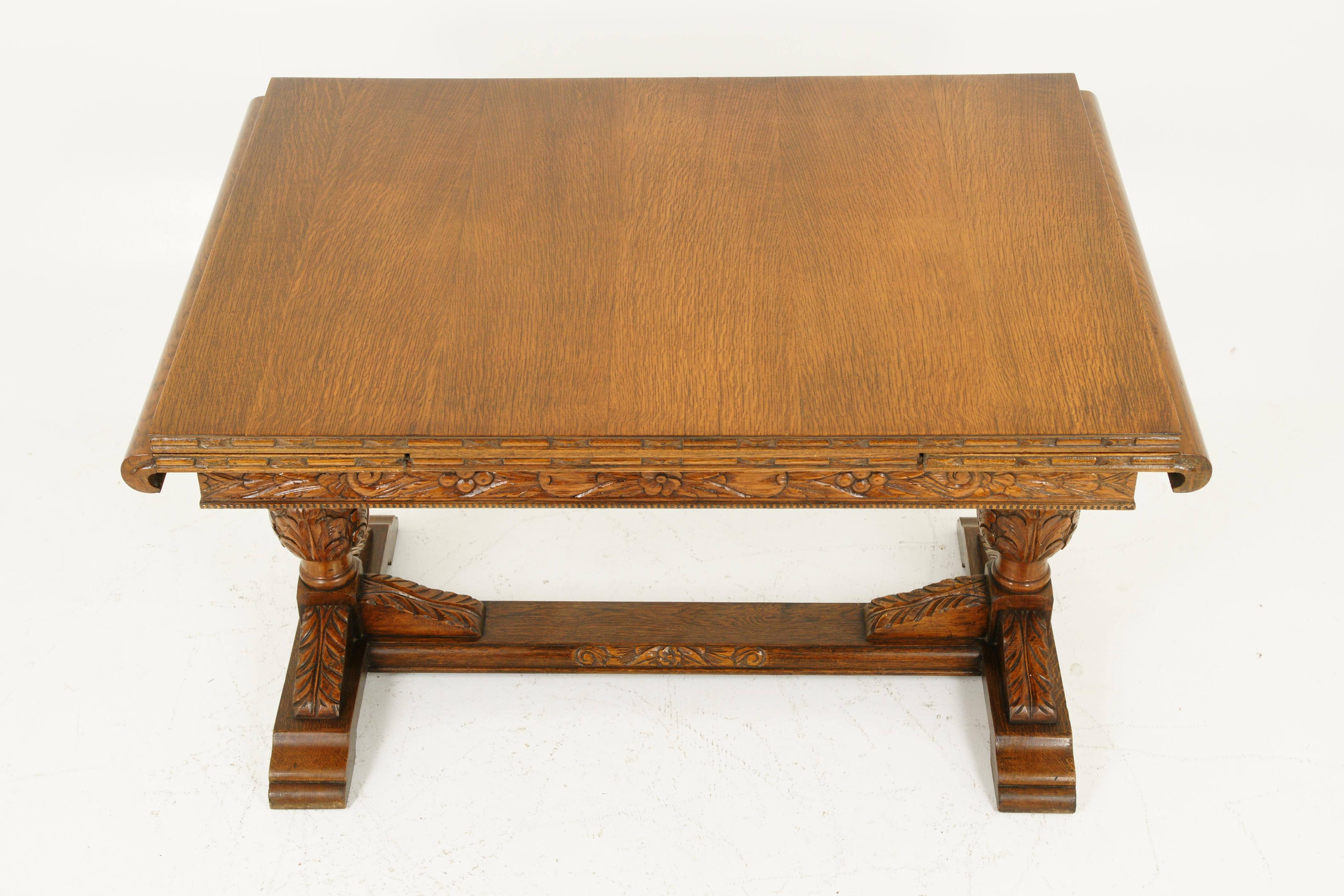 Oak refectory table, draw leaf table, extendable writing desk, Scotland 1930, Antique Furniture, B1709C

Scotland 1930
Solid oak with original finish and veneers
Rectangular top with a pair of pullout leaves at 13