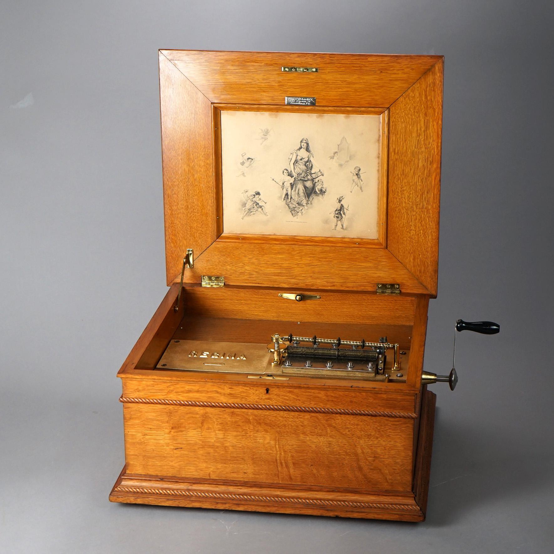 Antique Oak Regina Table Top Music Box with Six Discs 19th C 1