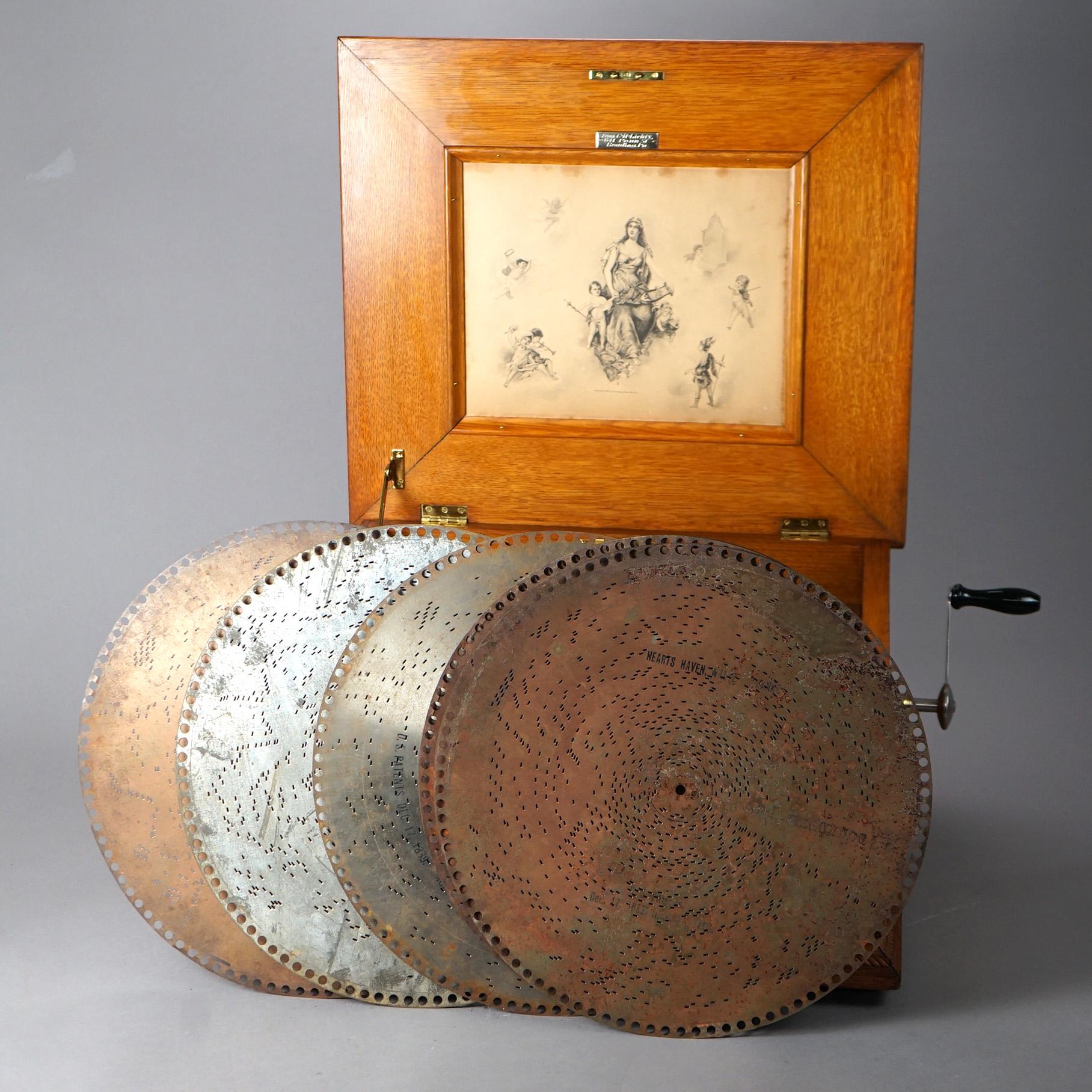 Antique Oak Regina Table Top Music Box with Six Discs 19th C 5