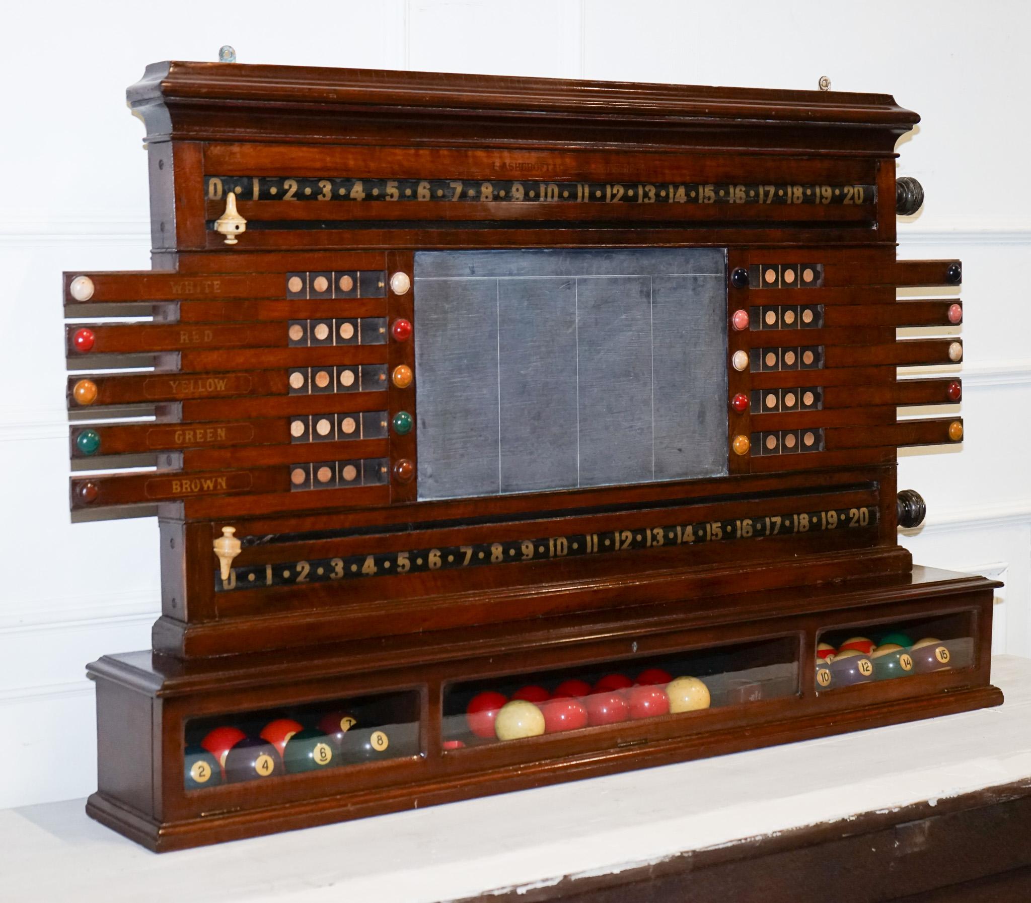 
We are delighted to offer for sale this Antique Oak Restored J. Ashcroft & Co Liverpool Snooker Billiard Score Board. 

Presenting a magnificent antique billiard, snooker, and life pool scoreboard by J. ASHCROFT & Co., VICTORIA STREET, LIVERPOOL.