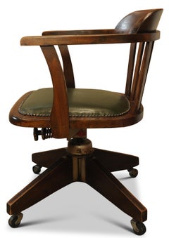 Antique Oak Revolving Railback Desk Chair with Racing Green Leather Seat