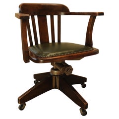 Silla de escritorio giratoria con respaldo de riel de roble antiguo y asiento de cuero verde Racing
