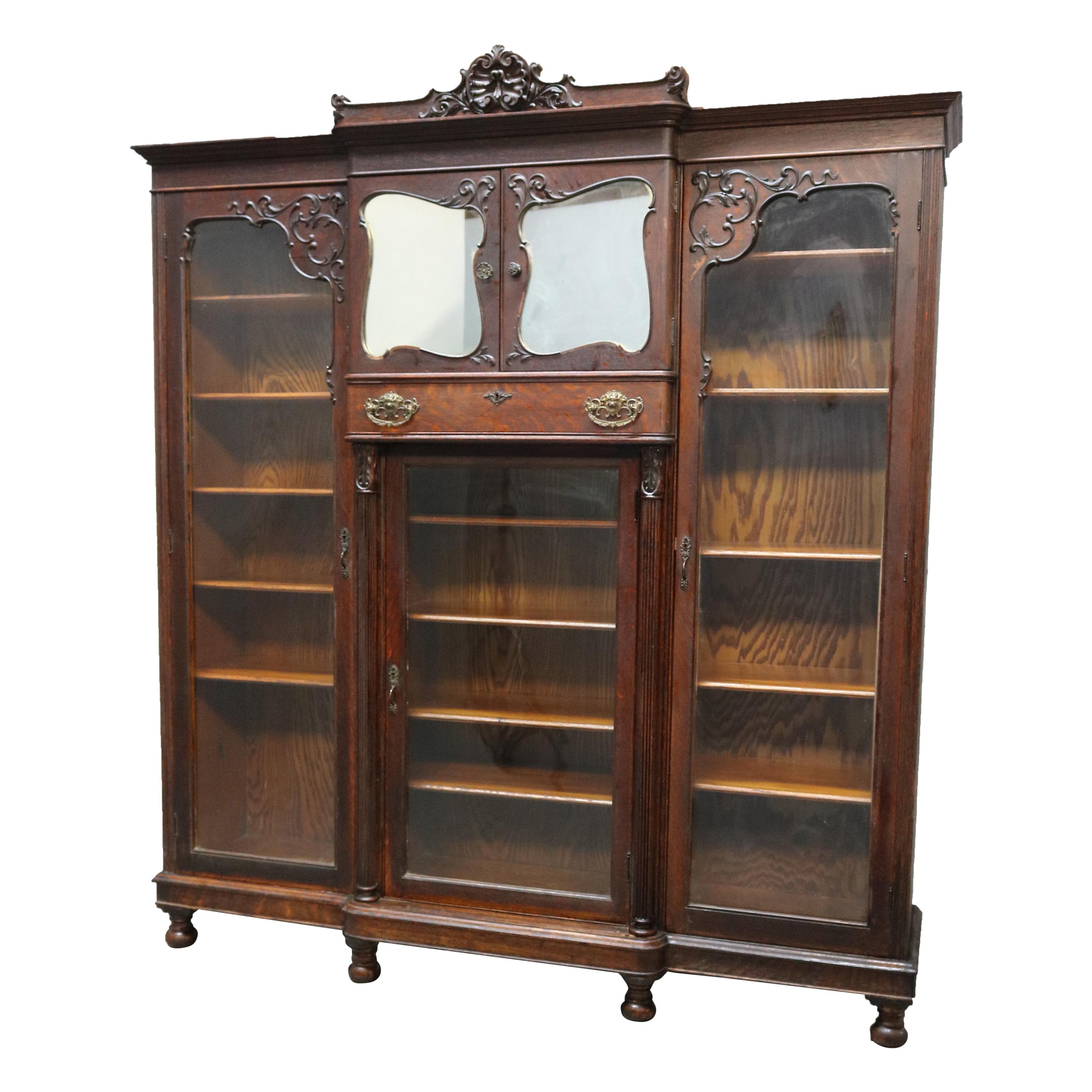 Antique Oak RJ Horner School Mirrored Bookcase, circa 1910