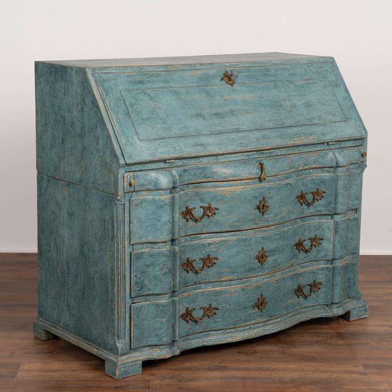 Swedish Antique Oak Rococo Blue Painted Secretary Bureau from Sweden