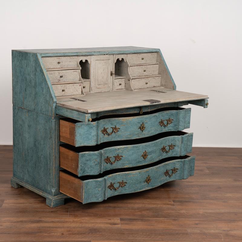 Antique Oak Rococo Blue Painted Secretary Bureau from Sweden In Good Condition In Round Top, TX