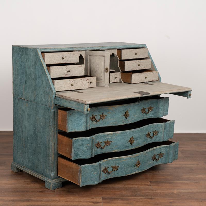 19th Century Antique Oak Rococo Blue Painted Secretary Bureau from Sweden