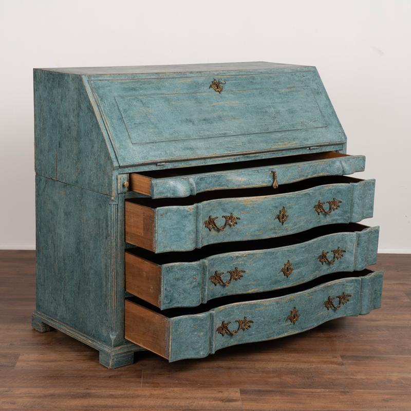 Wood Antique Oak Rococo Blue Painted Secretary Bureau from Sweden
