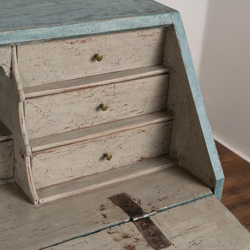 Antique Oak Rococo Blue Painted Secretary Bureau from Sweden 2