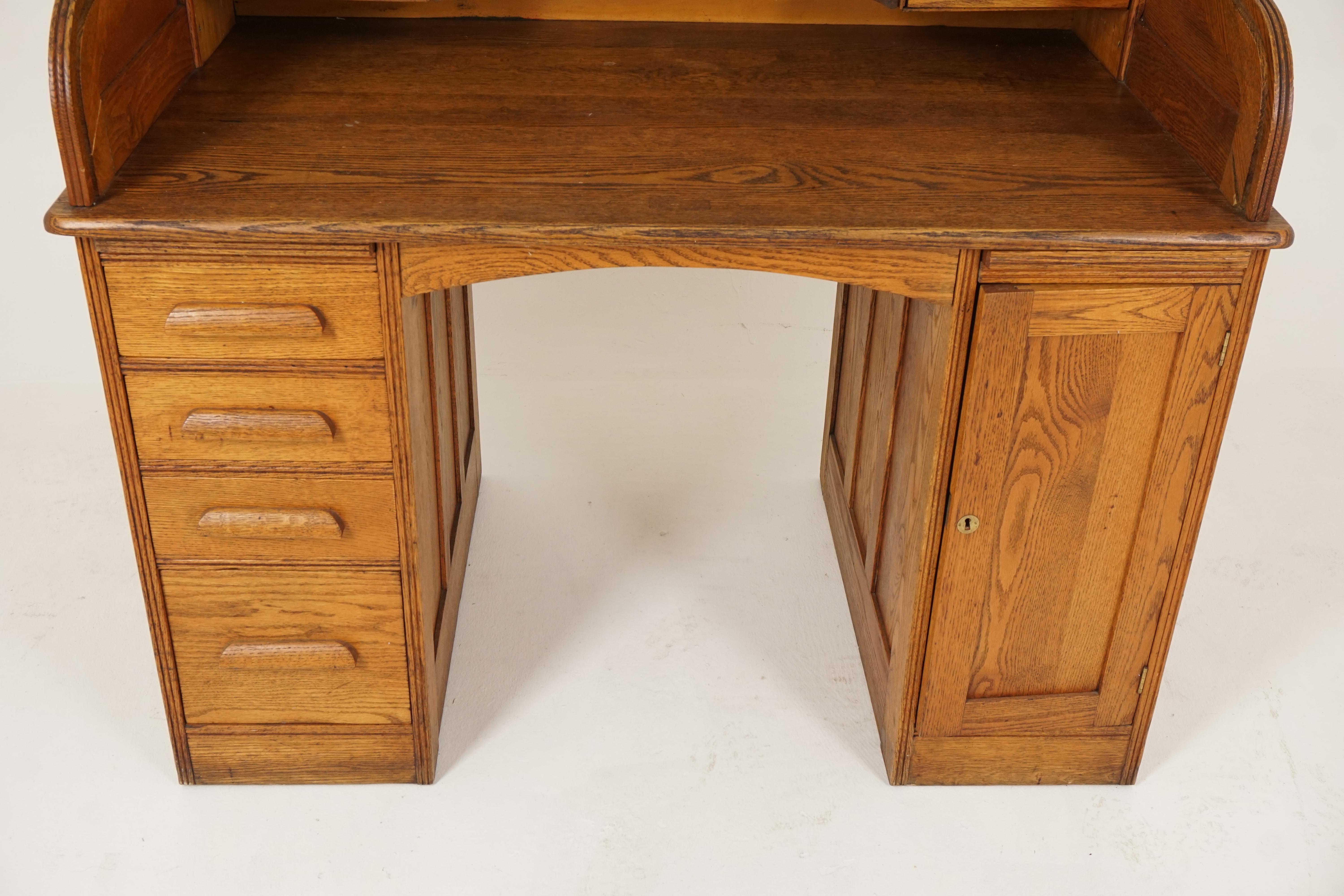 Early 20th Century Antique Oak Roll Top Desk, Double Pedestal, American 1900, B2515
