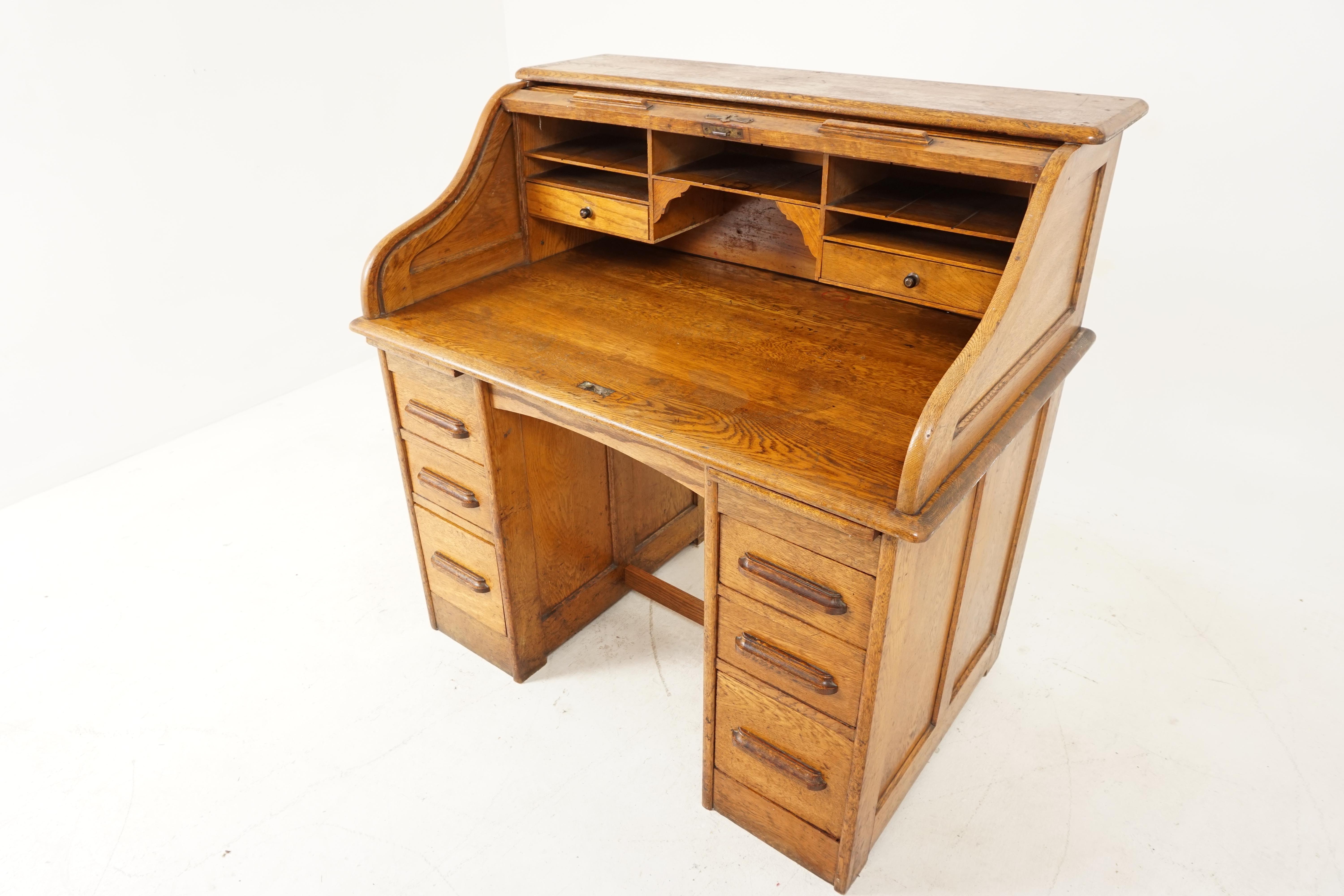 North American Antique Oak Roll Top Desk, Double Pedestal, American 1910, B2801 