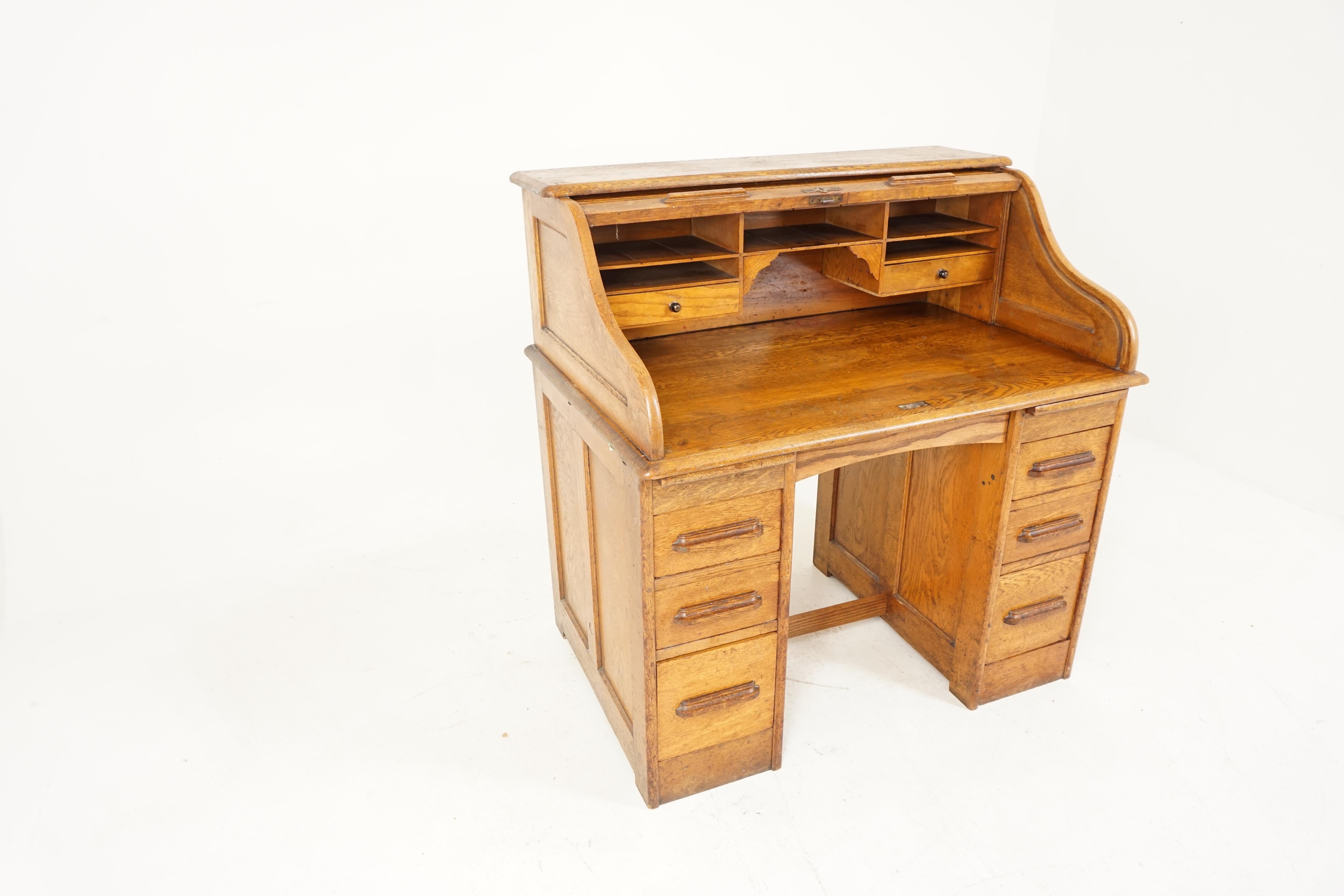 Hand-Crafted Antique Oak Roll Top Desk, Double Pedestal, American 1910, B2801 