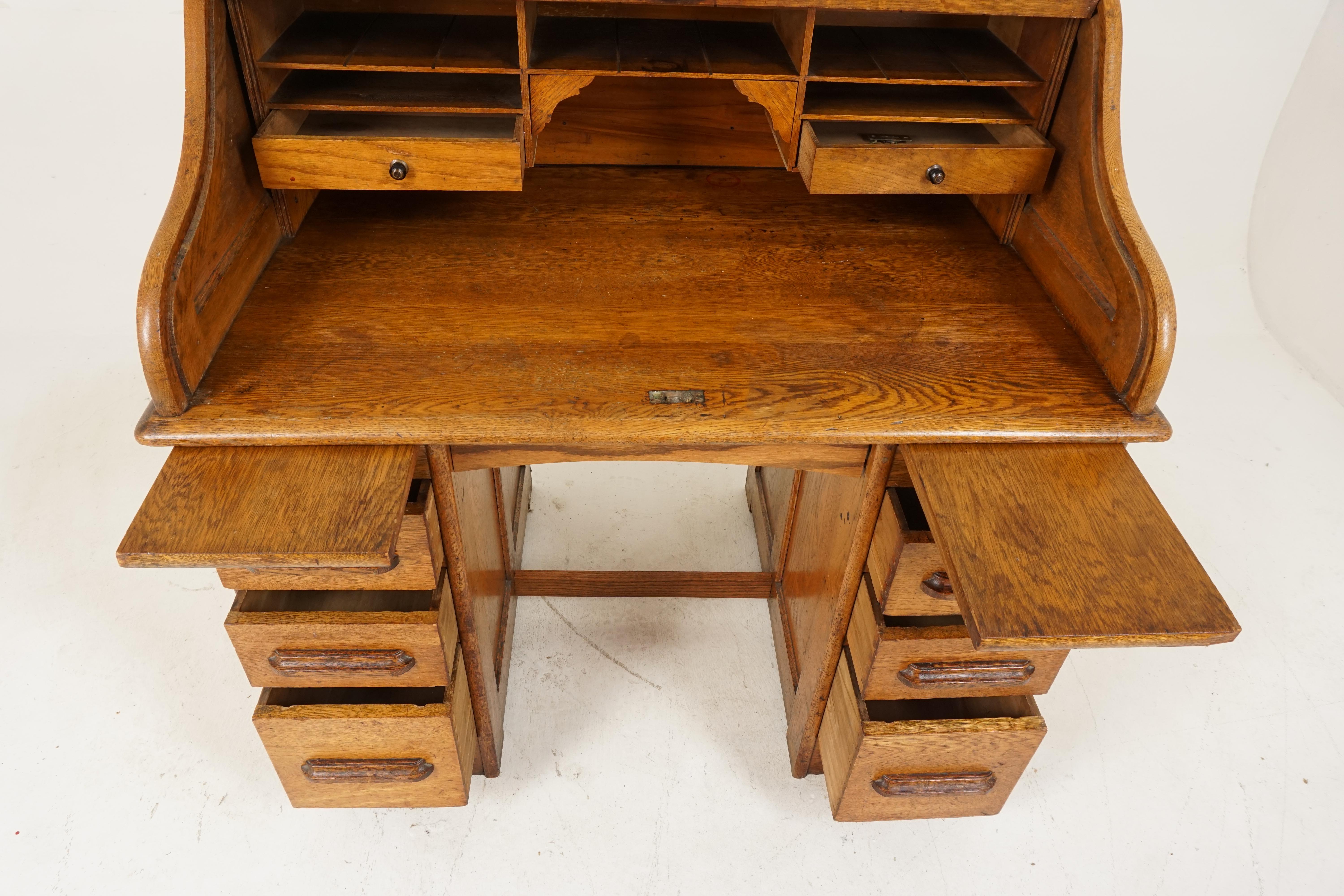 Antique Oak Roll Top Desk, Double Pedestal, American 1910, B2801  In Good Condition In Vancouver, BC