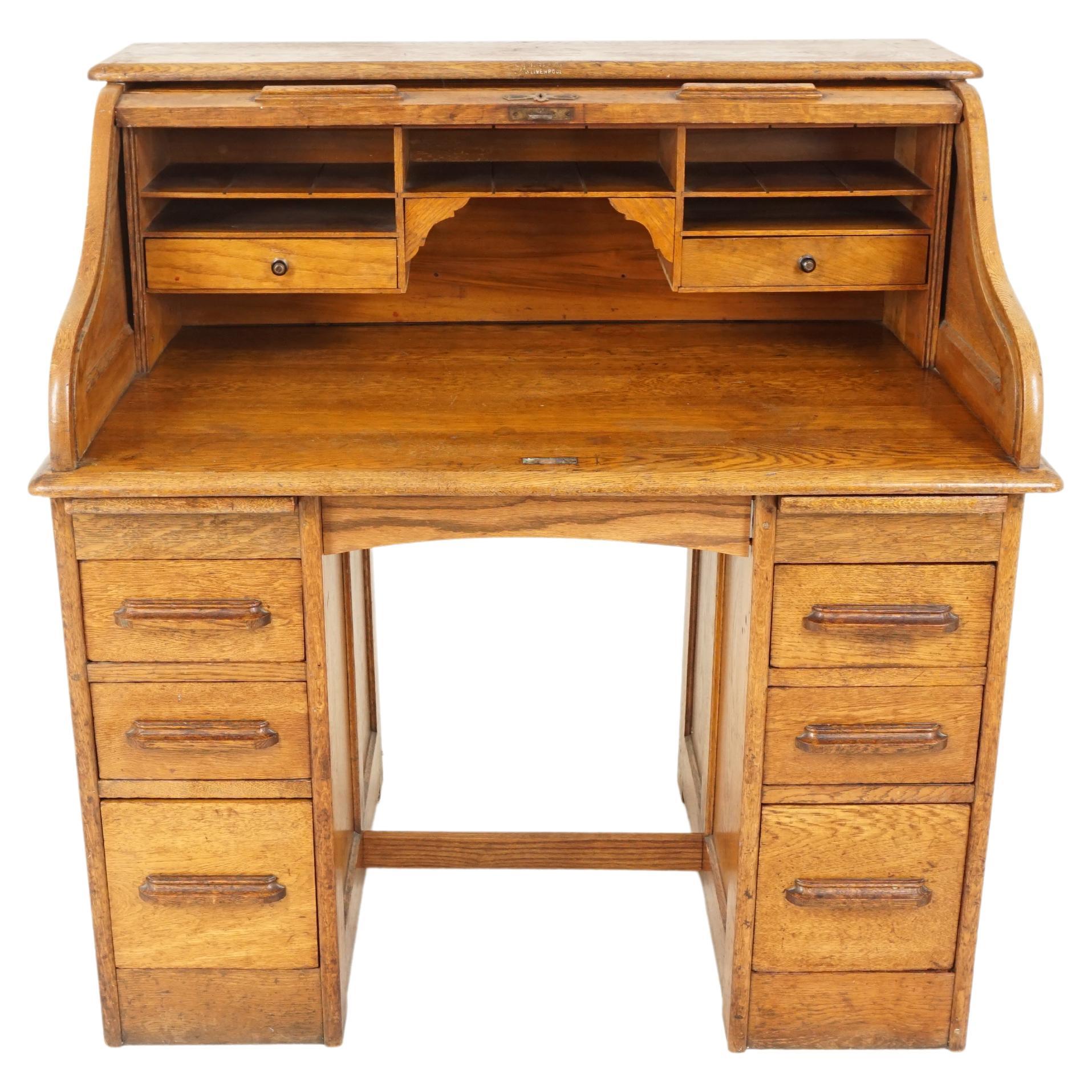 Antique Oak Roll Top Desk, Double Pedestal, American 1910, B2801 