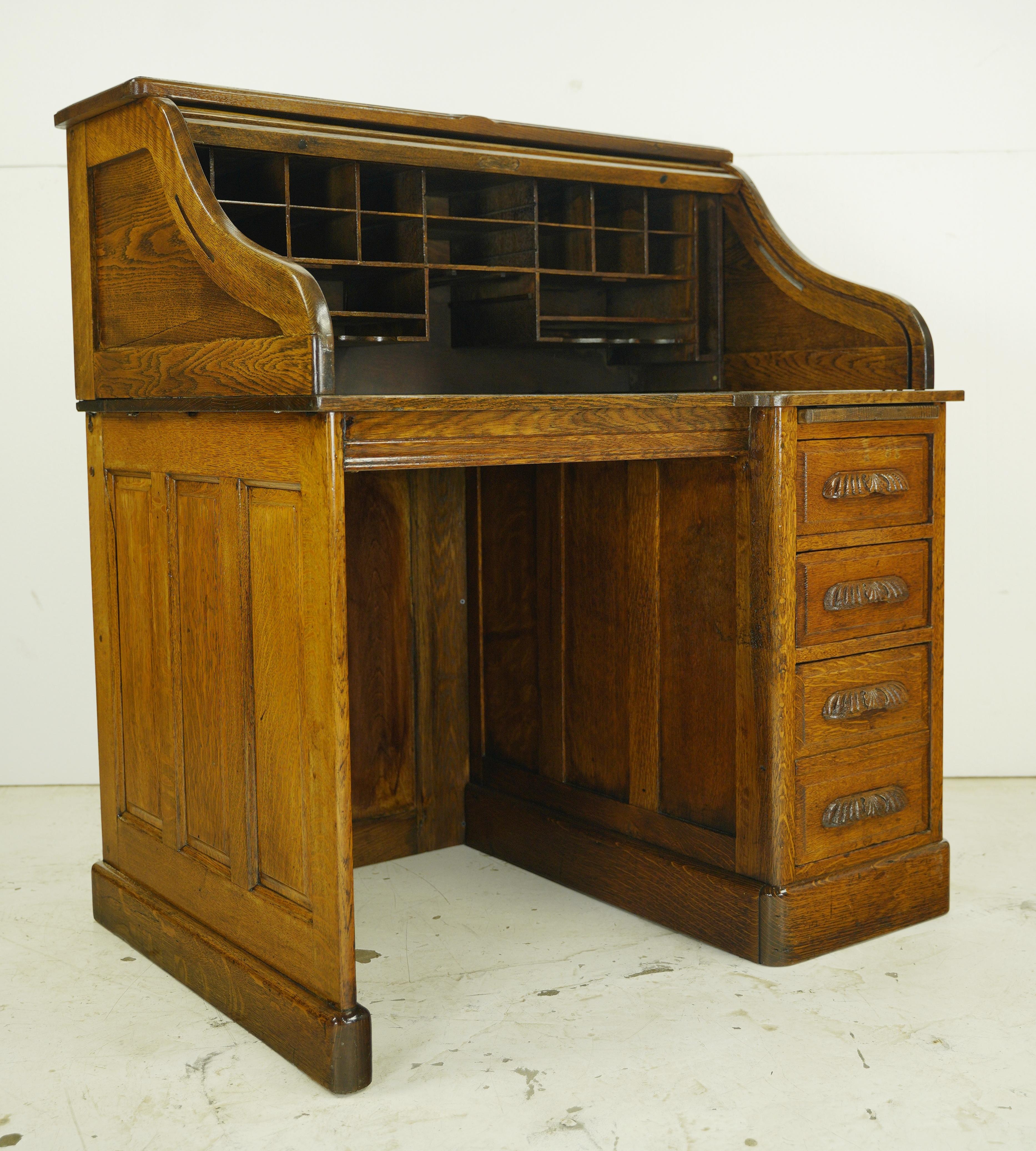 Industrial Antique Oak Roll Top Storage Secretary Desk