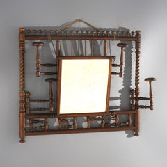 Antique Oak Rope Twist Stick & Ball Hat Rack with Mirror & Swing-Out Arms C1910