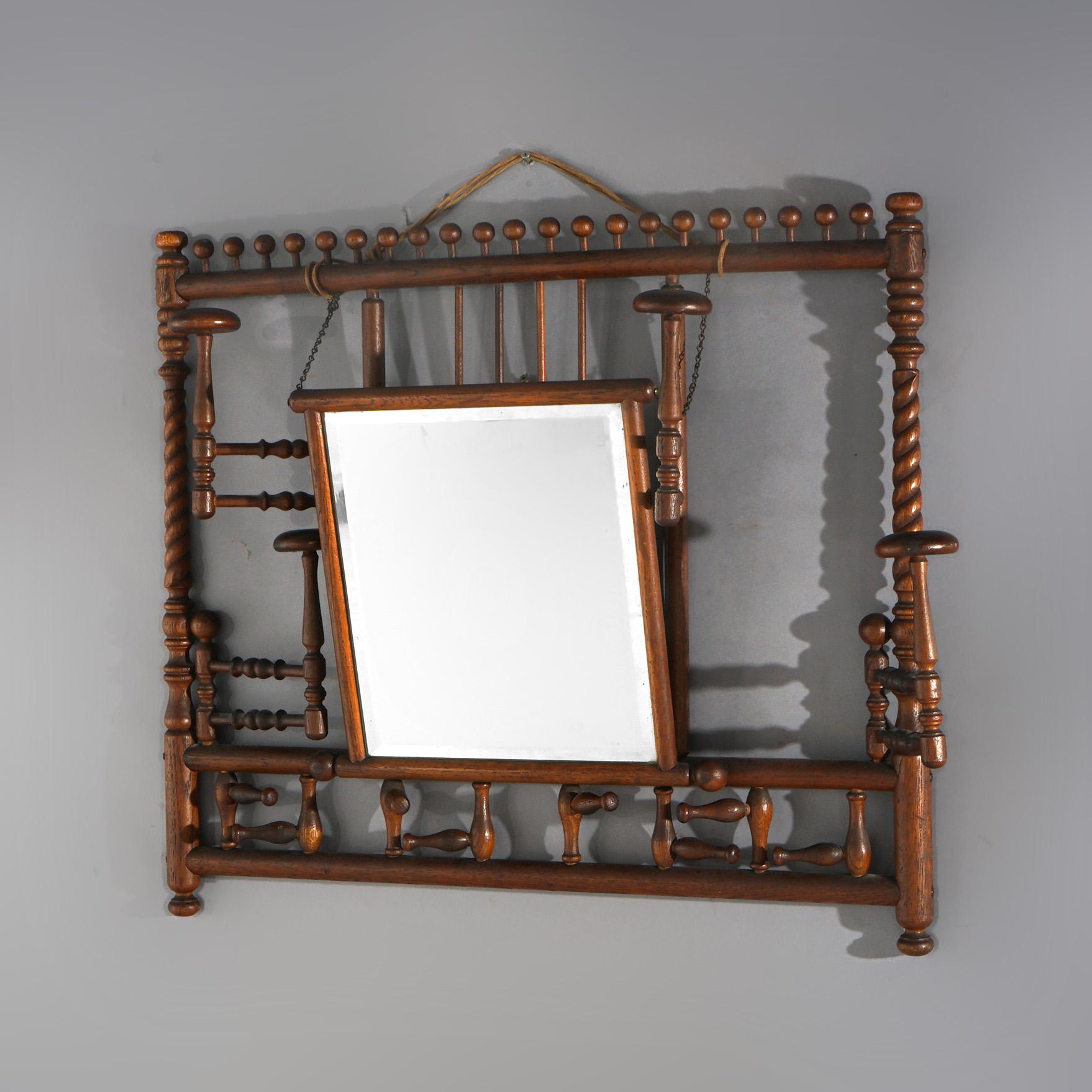 Arts and Crafts Antique Oak Rope Twist Stick & Ball Hat Rack with Mirror & Swing-Out Arms C1910