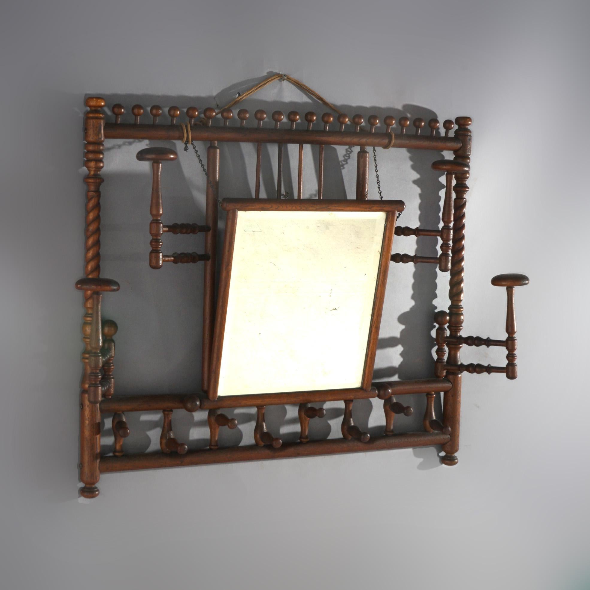 Antique Oak Rope Twist Stick & Ball Hat Rack with Mirror & Swing-Out Arms C1910 In Good Condition In Big Flats, NY