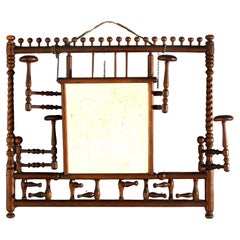 Antique Oak Rope Twist Stick & Ball Hat Rack with Mirror & Swing-Out Arms C1910