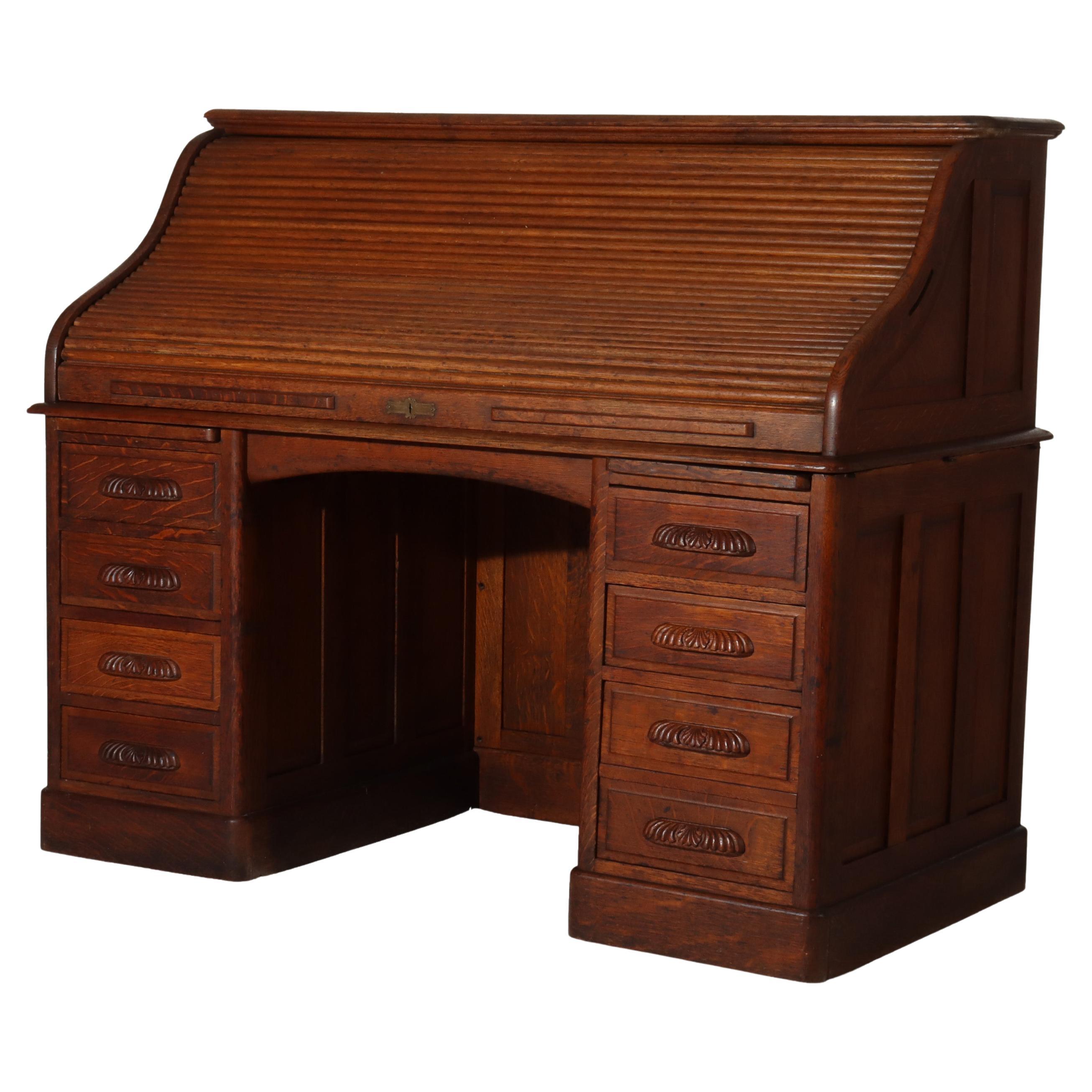 Bureau ancien en Oak Oak S-Roll Top avec intérieur complet non signé C1900
