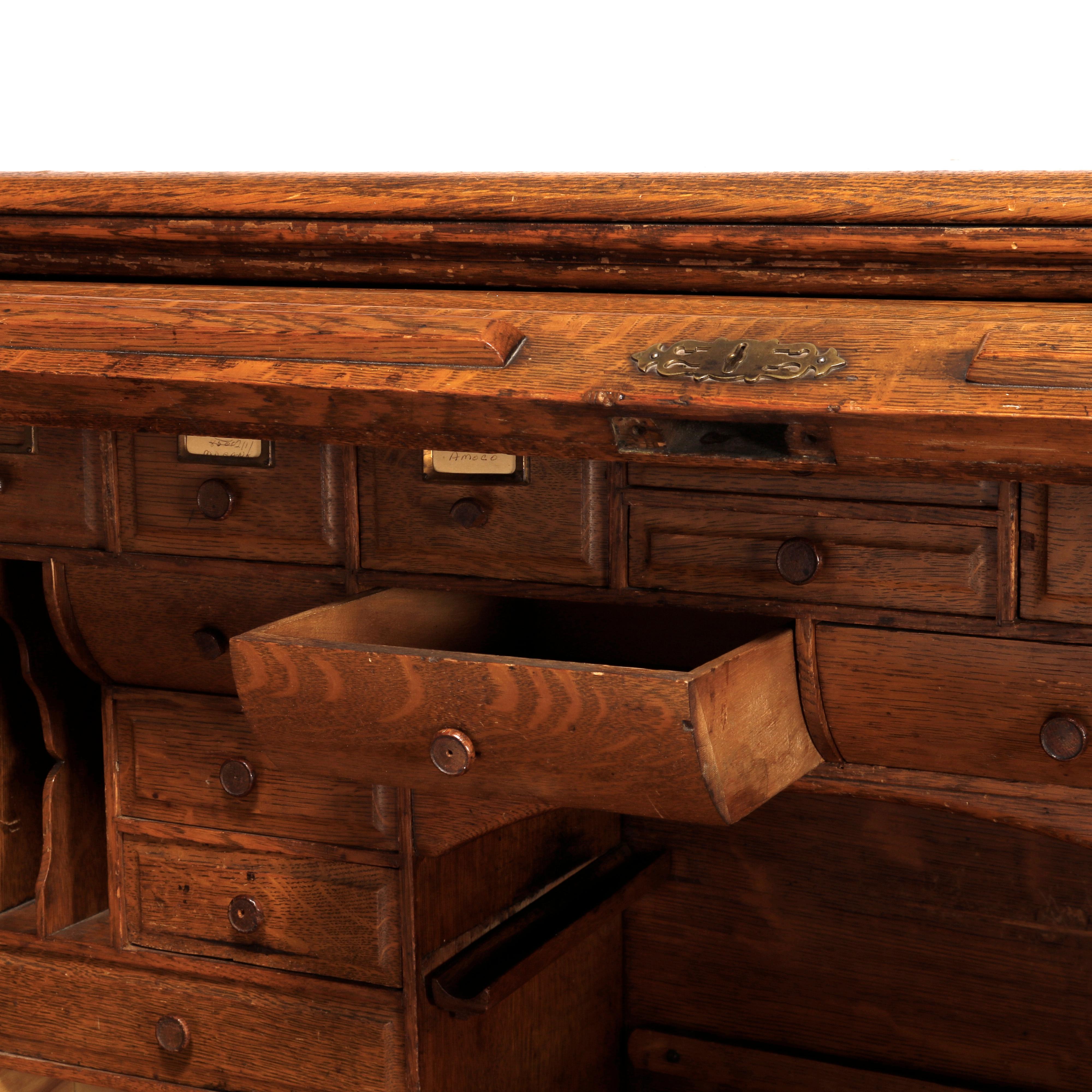Antique Oak S-Roll Top Desk with Raised Panels & Full Drawer Interior circa 1900 4