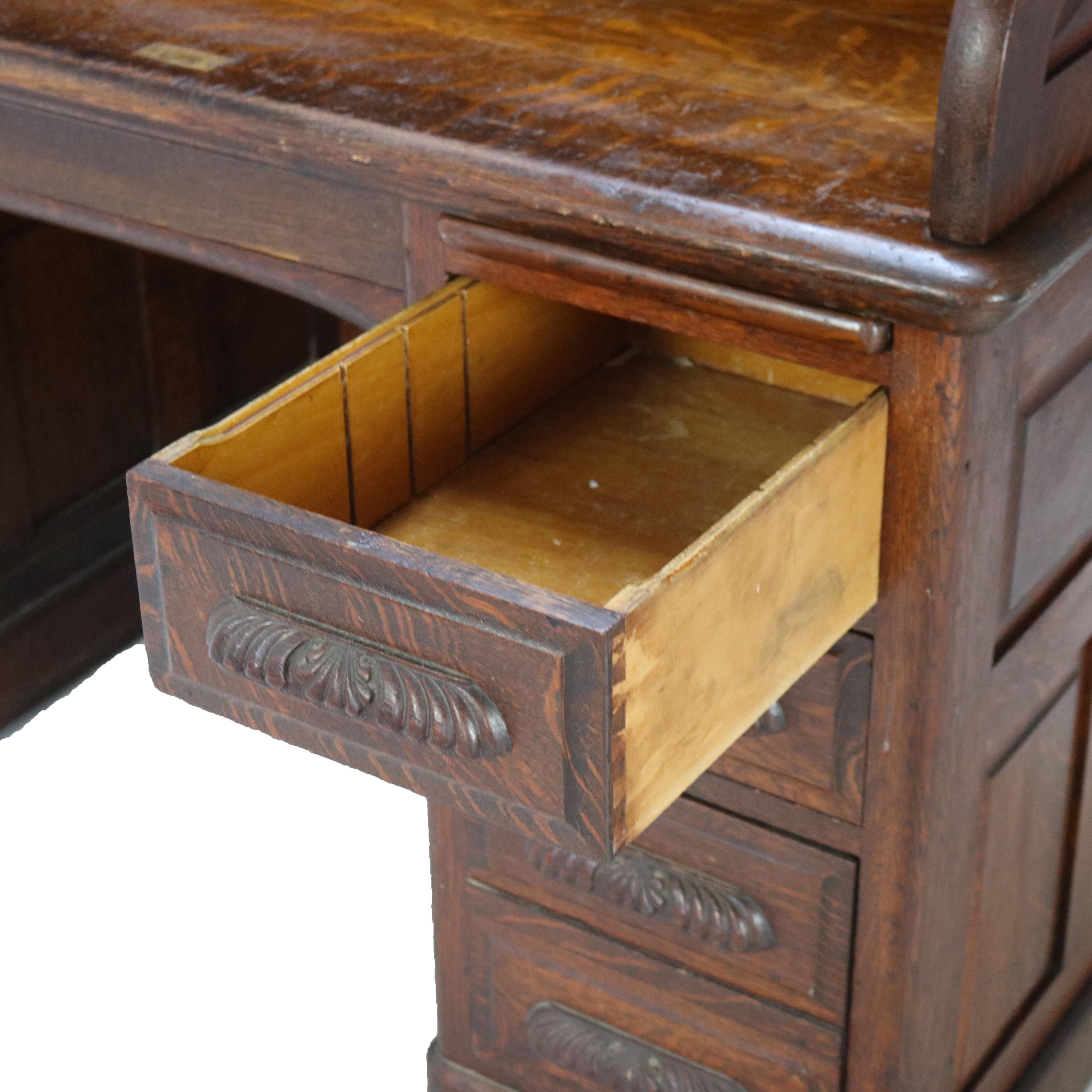 Antique Oak S-Roll Top Single Column Paneled Desk with Full Interior C1900 9