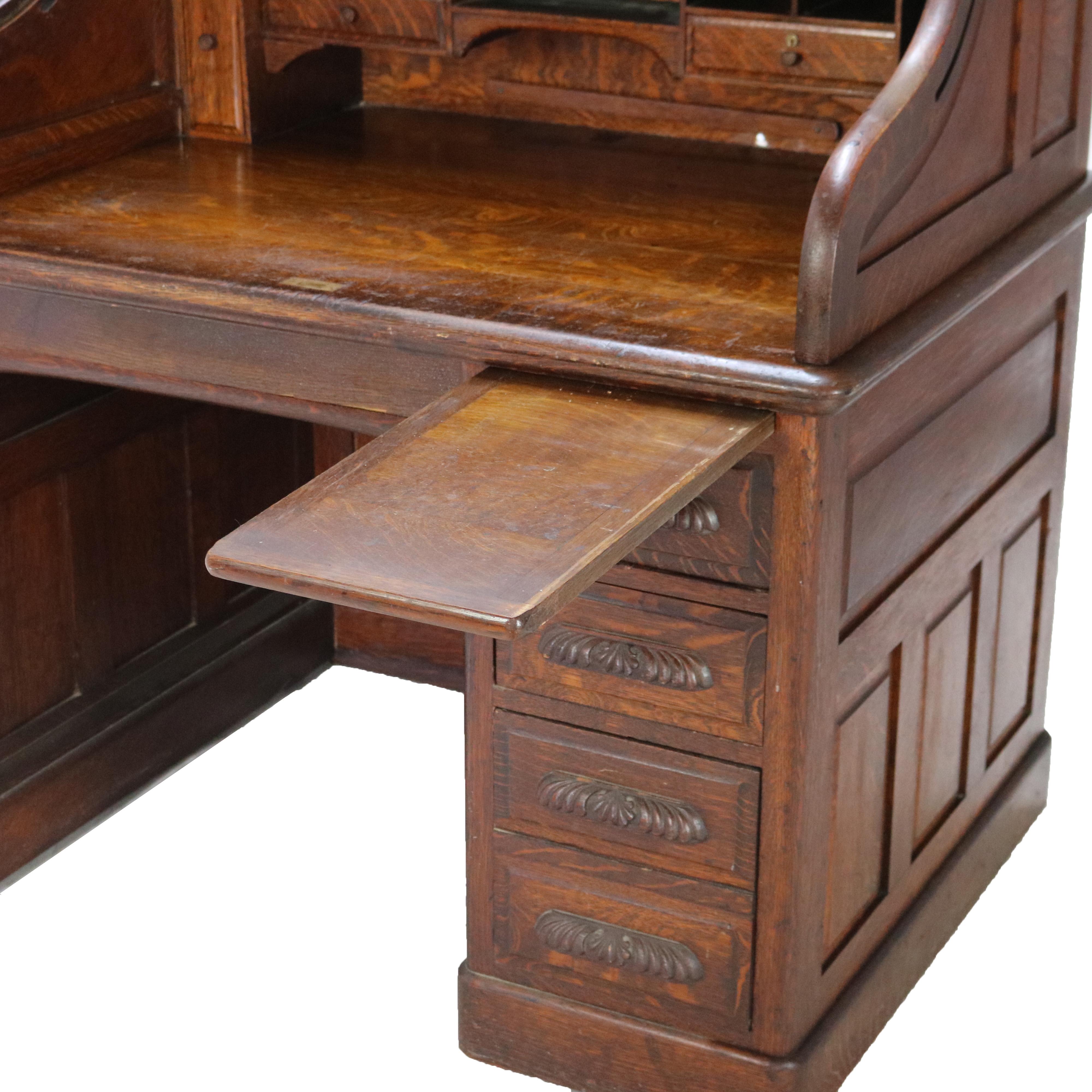 Antique Oak S-Roll Top Single Column Paneled Desk with Full Interior C1900 10