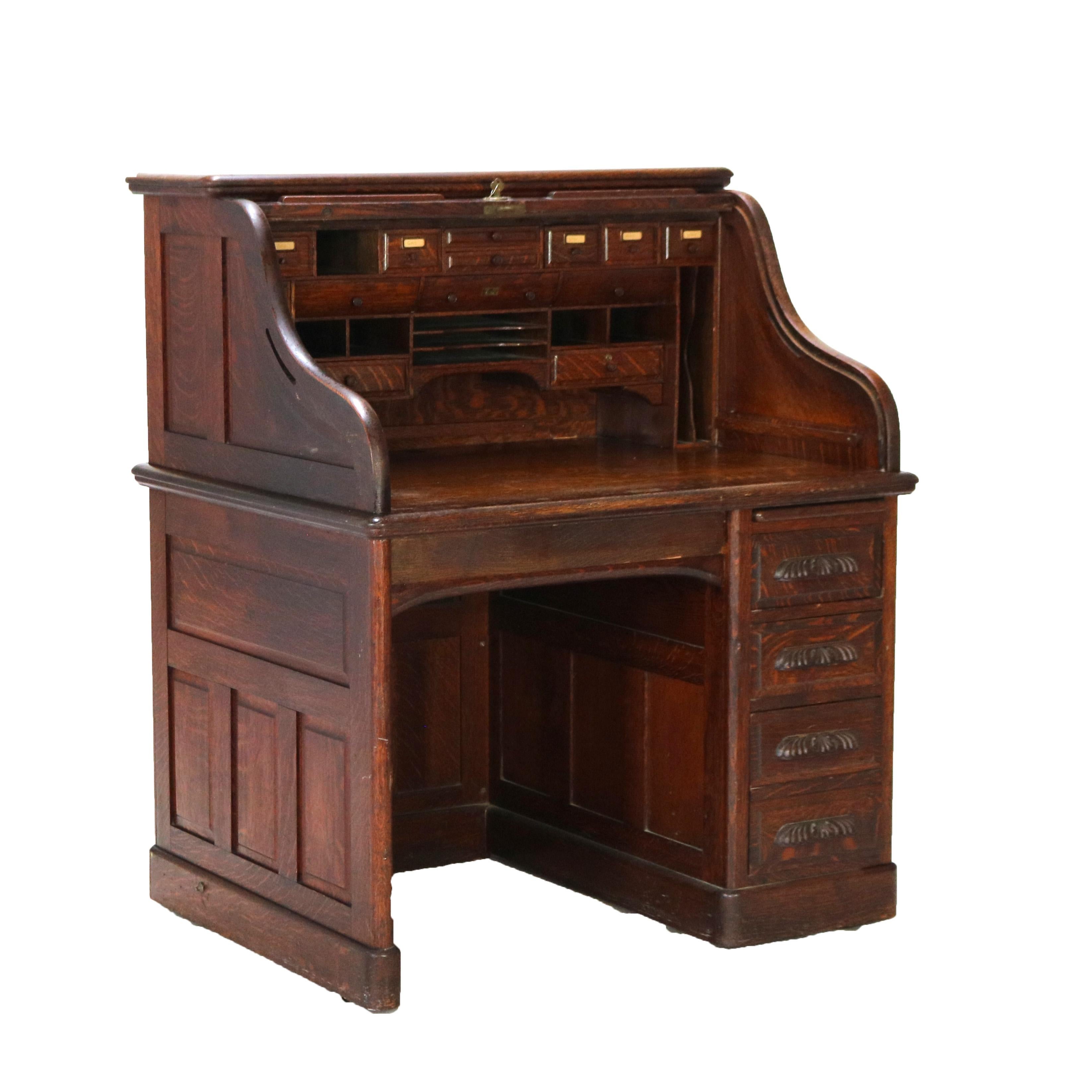 Antique Oak S-Roll Top Single Column Paneled Desk with Full Interior C1900 11