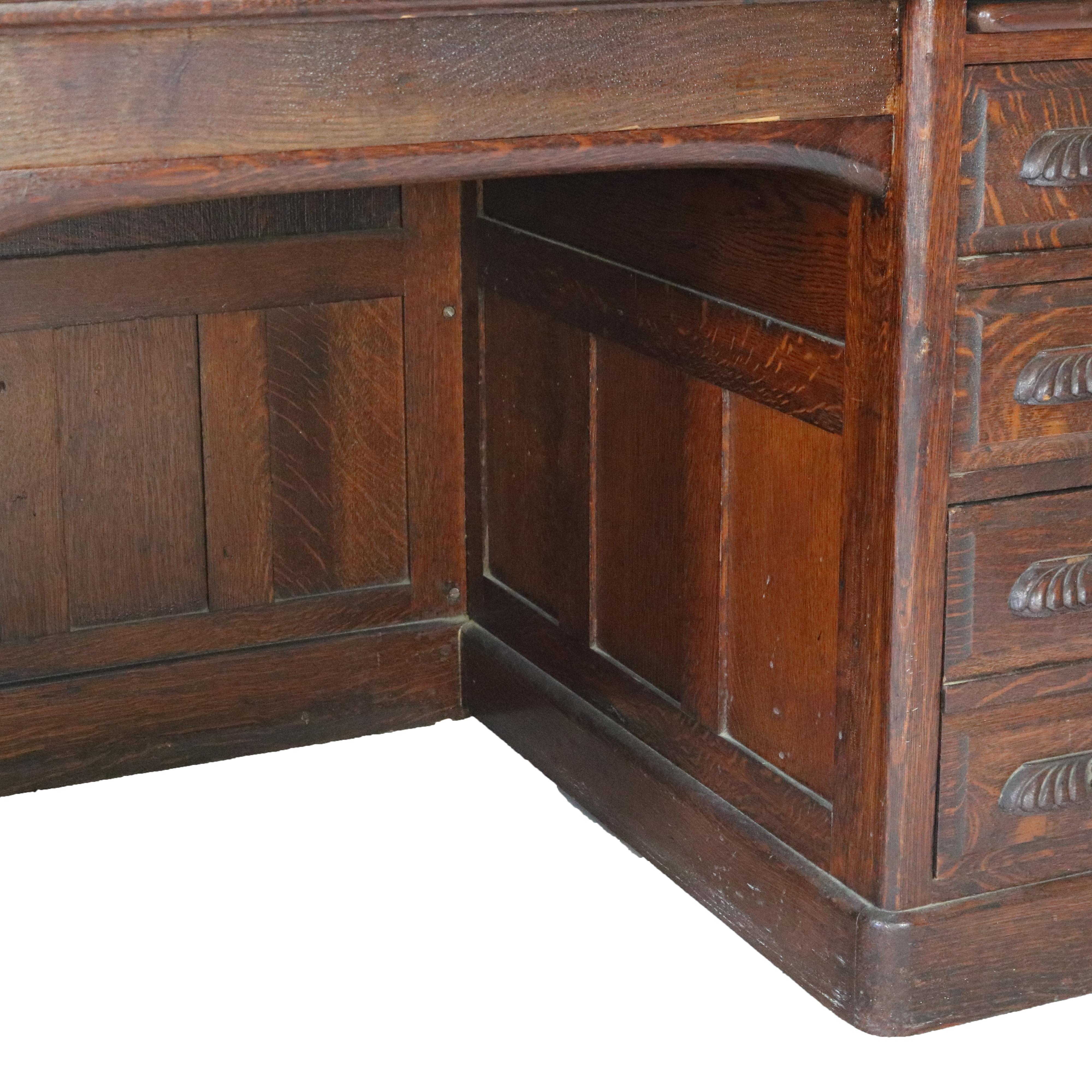 Antique Oak S-Roll Top Single Column Paneled Desk with Full Interior C1900 13