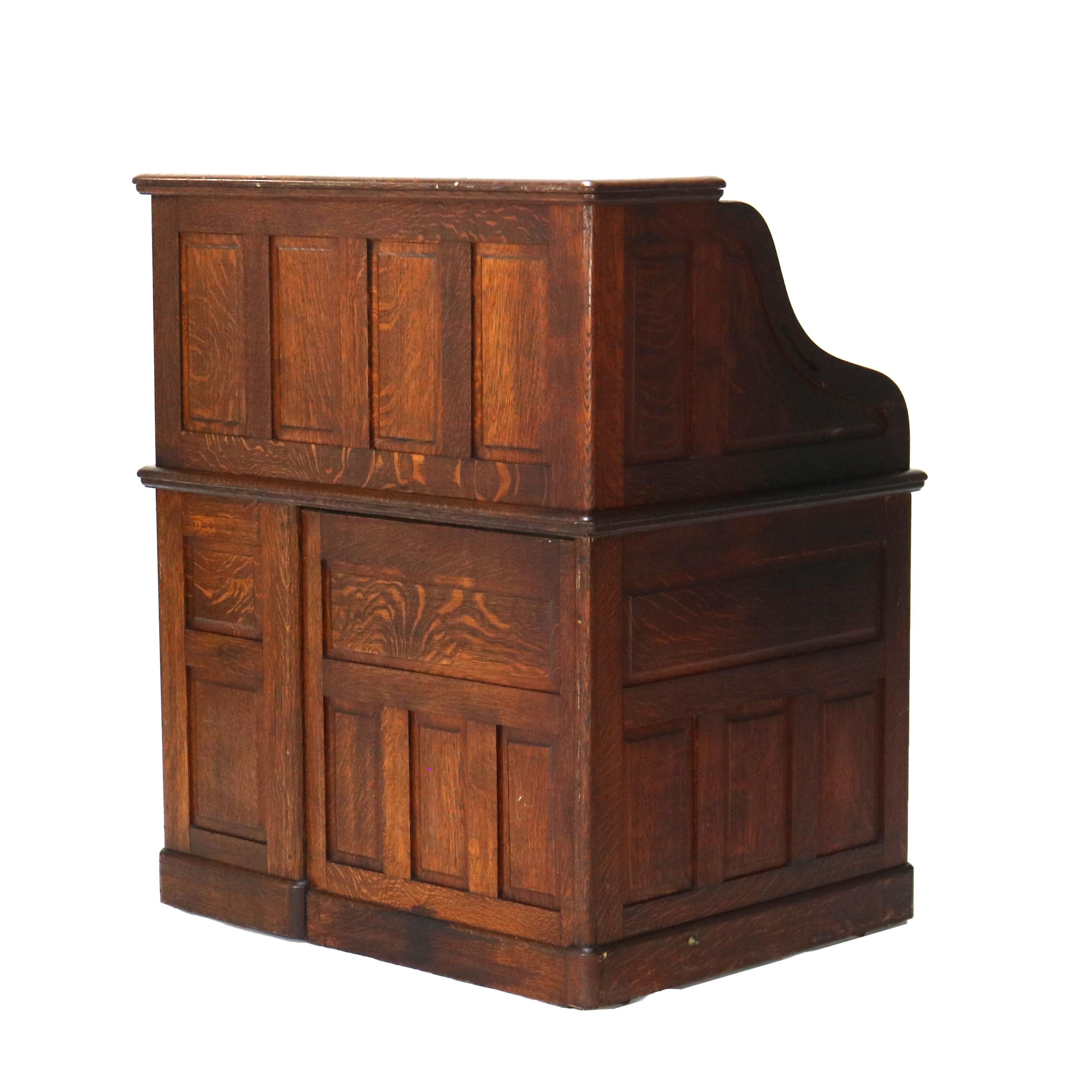 Antique Oak S-Roll Top Single Column Paneled Desk with Full Interior C1900 15