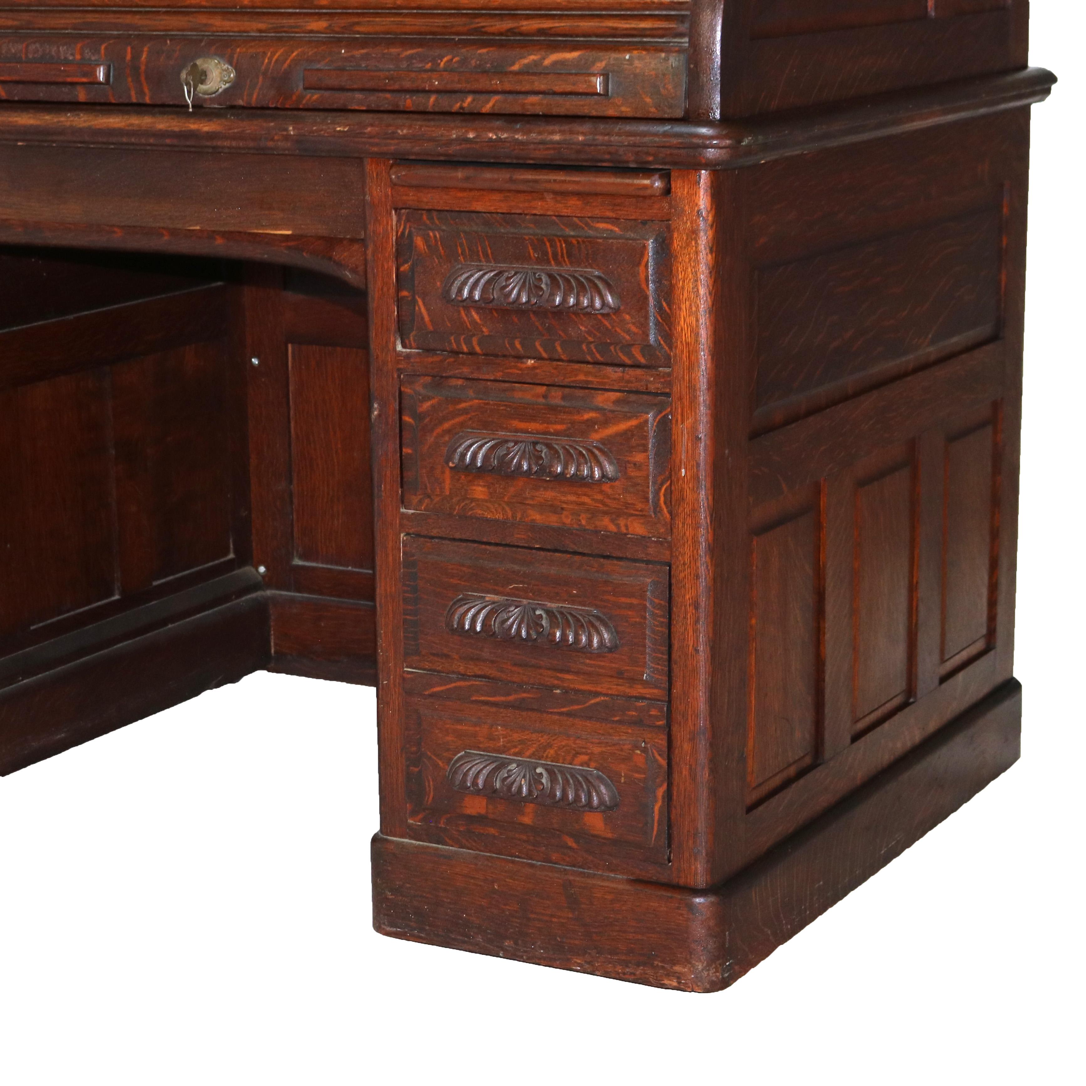 Antique Oak S-Roll Top Single Column Paneled Desk with Full Interior C1900 In Good Condition In Big Flats, NY