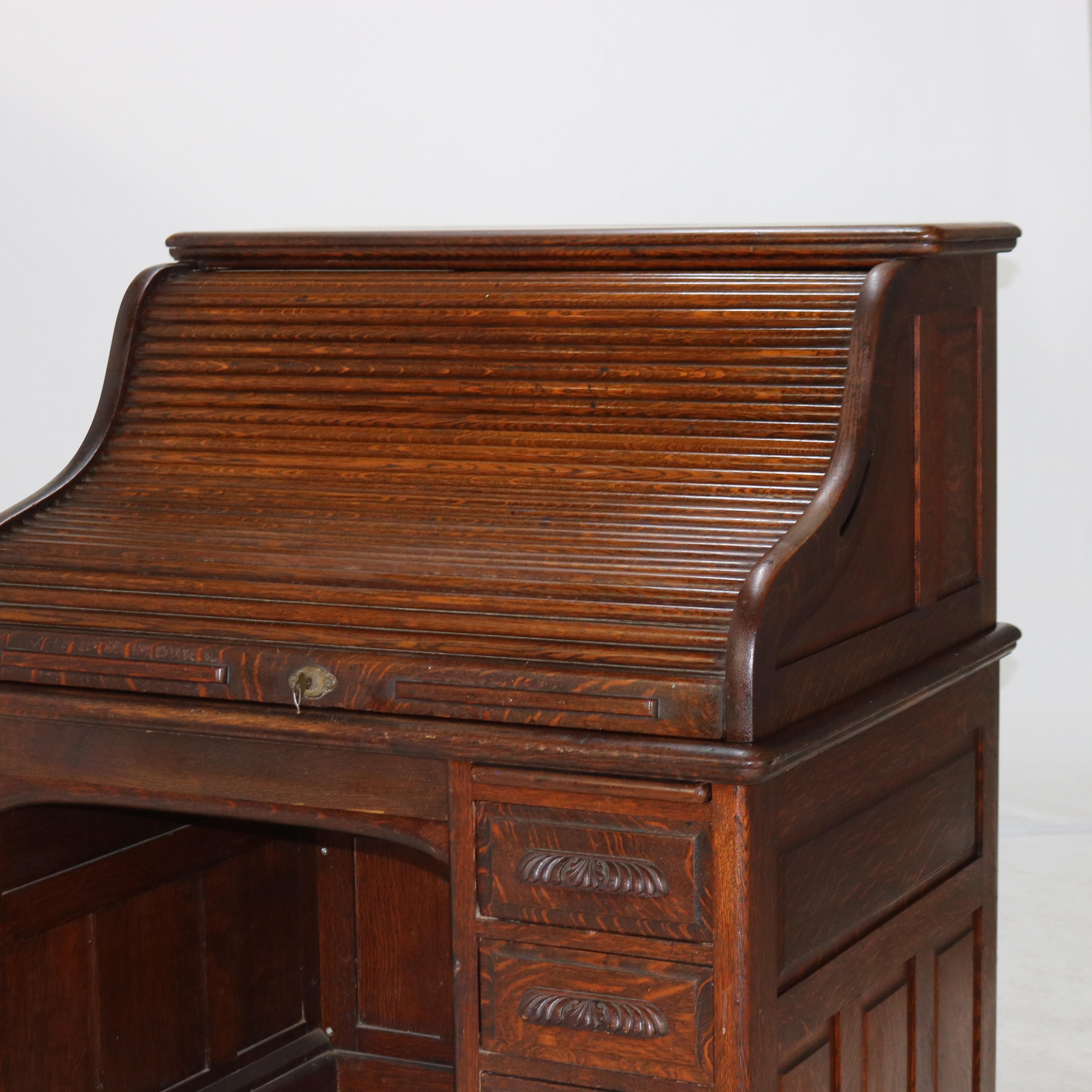 20th Century Antique Oak S-Roll Top Single Column Paneled Desk with Full Interior C1900