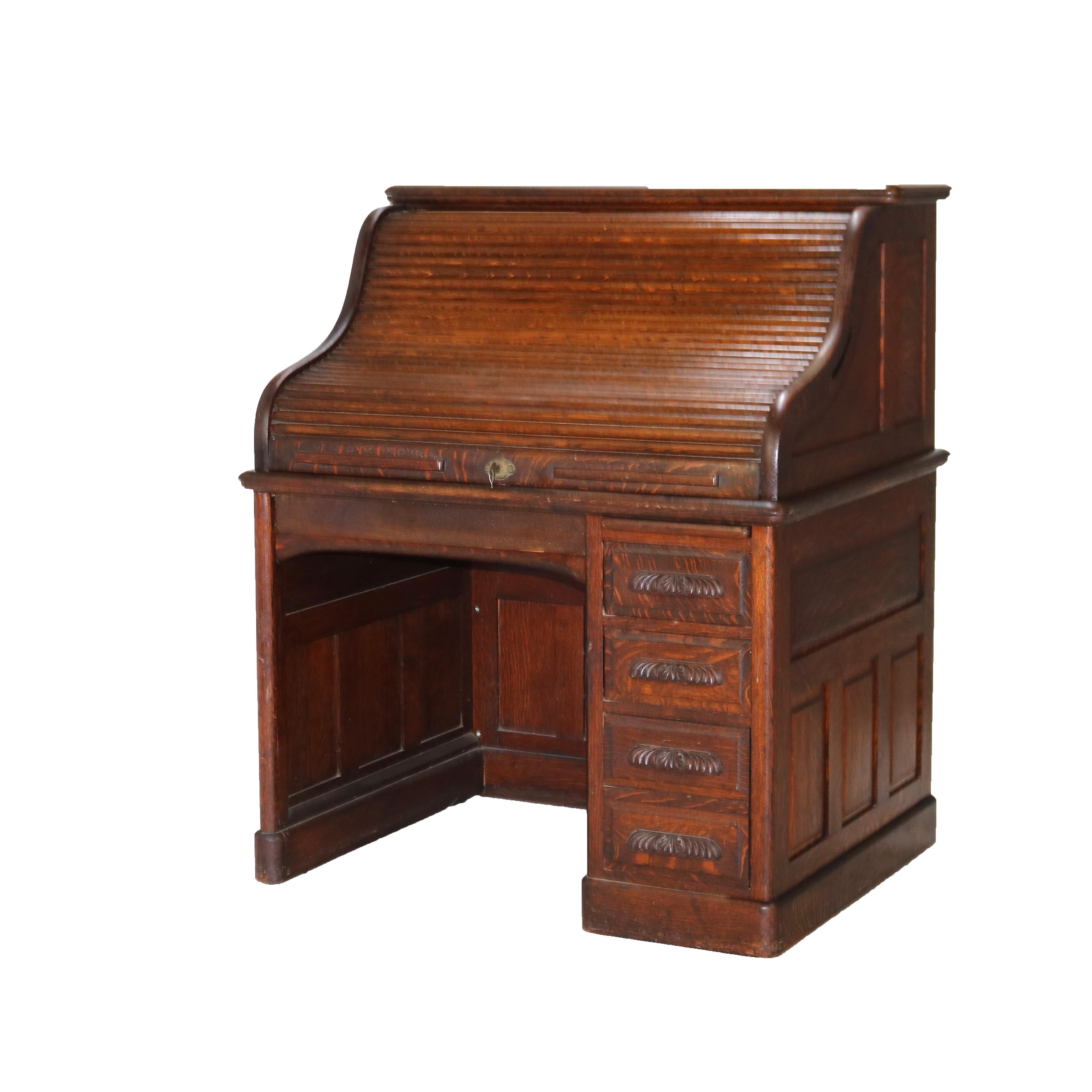Antique Oak S-Roll Top Single Column Paneled Desk with Full Interior C1900 1