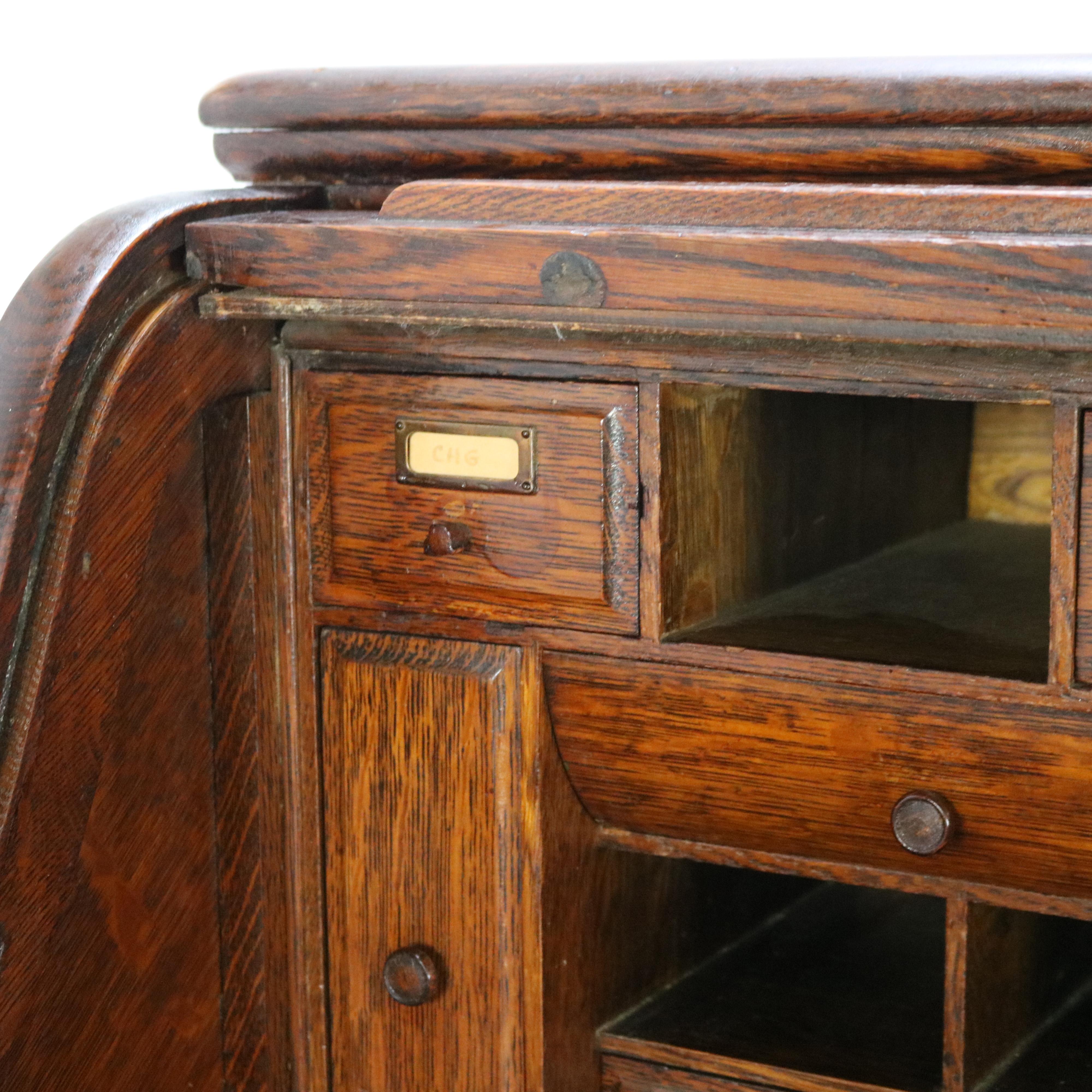 Antique Oak S-Roll Top Single Column Paneled Desk with Full Interior C1900 4