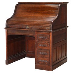 Antique Oak S-Roll Top Single Column Paneled Desk with Full Interior C1900