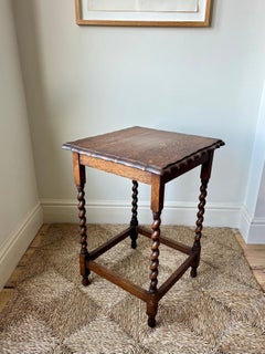 Antique oak scallop edge top, barley twist leg side table, England c.1920