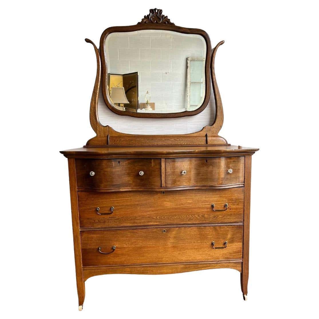 Antique Oak Serpentine Dresser with Harp Mounted Mirror at 1stDibs ...